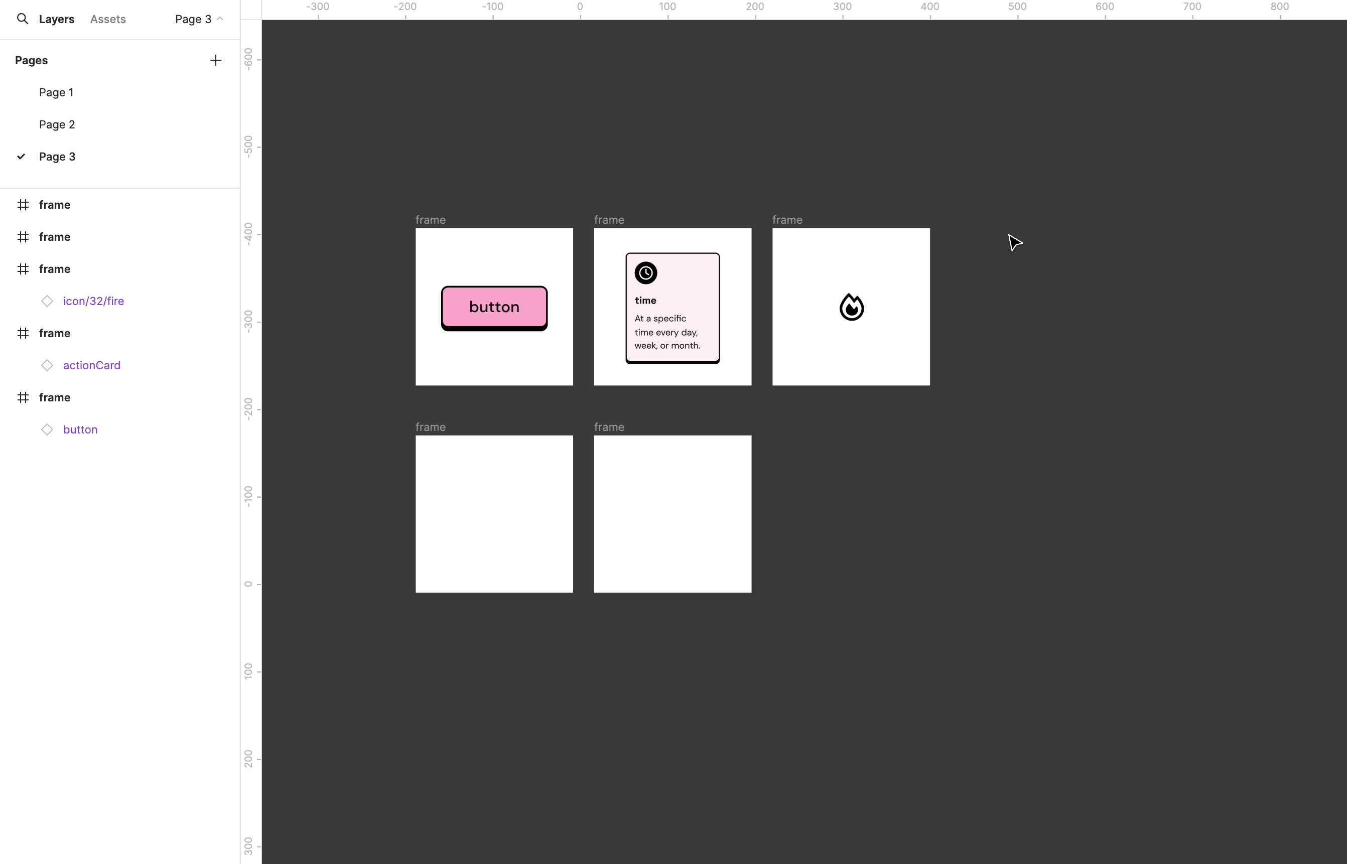 Three frames on the canvas. Each frame has one component, from left to right: A button, a card, and an icon. A cursor selects all three components and copies them. Then it selects two empty frames and pastes the object. The first frame receives a button component. The second frame gets a card and an icon.