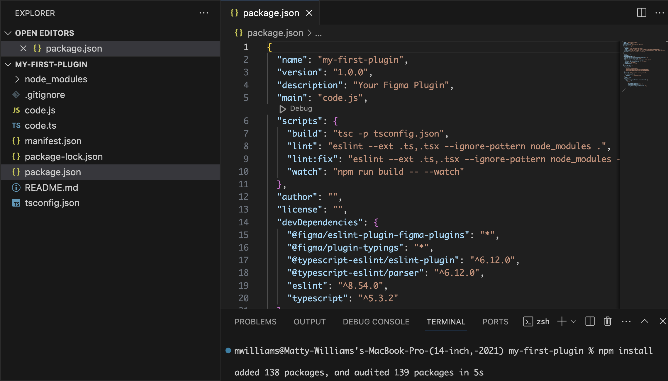 A VS Code terminal that contains a result like the following: added 138 packages, and audited 139 packages in 5s.