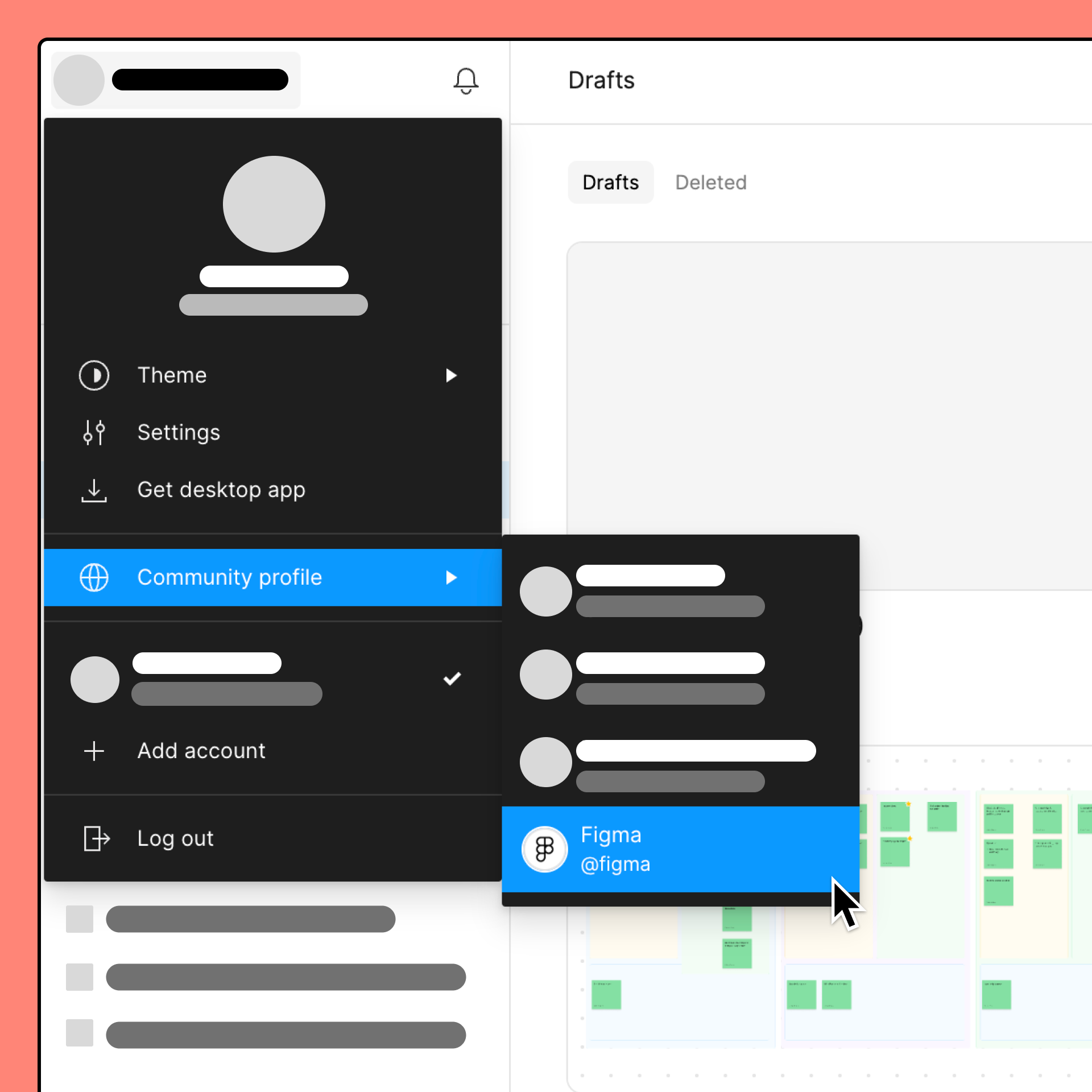 The Community profile dropdown menu under the account settings menu. The cursor is hovering over the Figma Community profile.