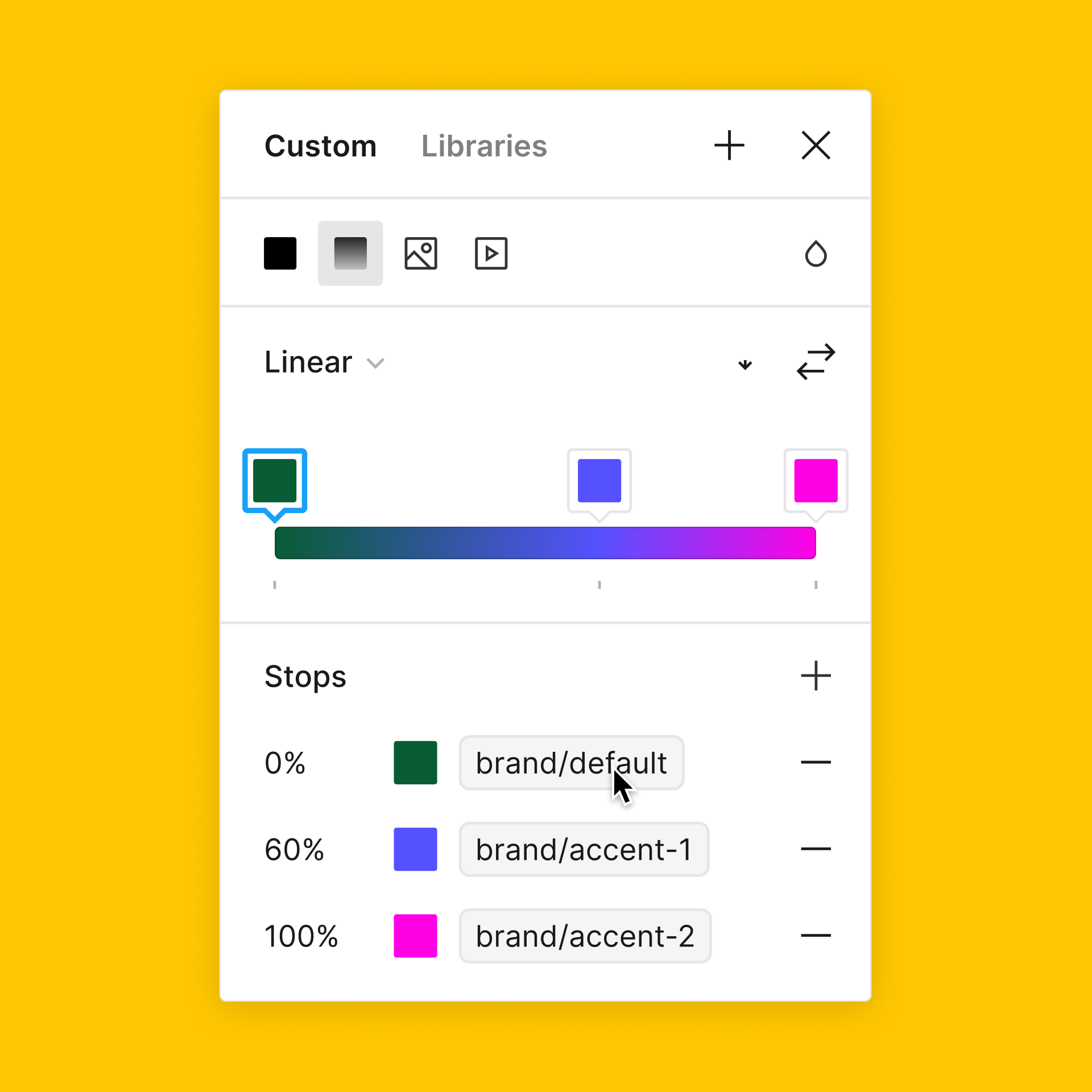 The color picker for a gradient selection. There are three color stops in the gradient, each with a variable applied.