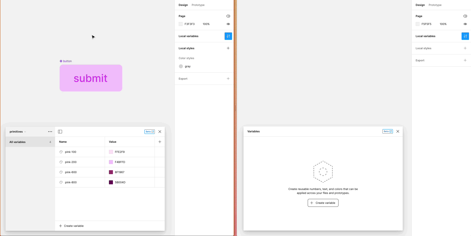 Two figma files open side-by-side, both with variables windows open. The one on the left has a variable collection named 'primitives,' while the one one on the right has no variable collections. On the left file, there is a button component with a pink-200 variable applied to the frame's fill. The button is copied and pasted to the right file. In the right file, a new collection is created called 'primitives' containing one variable called pink-200 with the same value as the left file's variable.
