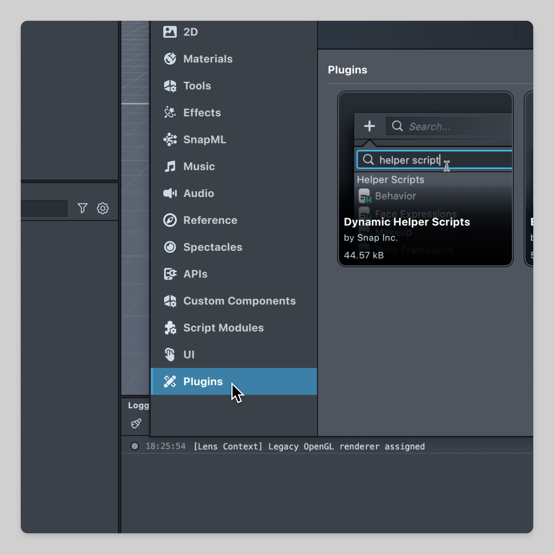 In Lens Studio, a mouse is hovering over the Plugins selection within Asset Library