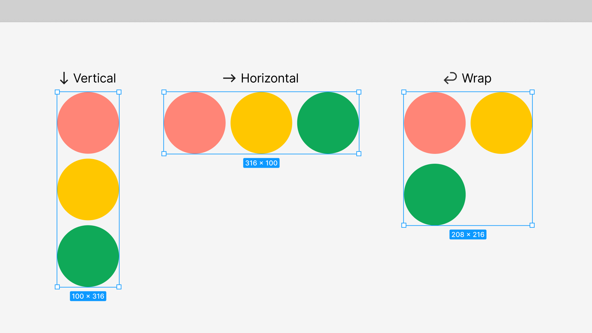 three sets of designs, all with the same elements: three circles, one pink, one yellow, one green. The first set of circles are placed in a vertical direction. The second set of circles are placed in a horizontal direction. The third set of circles are wrapped, with the pink and yellow circles in the first row, and the green circle in the second row.