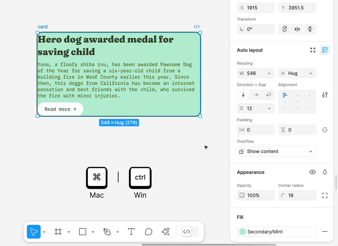 A light-green blog card asset using auto layout contains a title, description, and a read more button. A cursor clicks holds Command and clicks into one of the padding fields in the right panel, then enters 10, 20, 30, 40. The top, right, bottom, and left padding values update respectively.