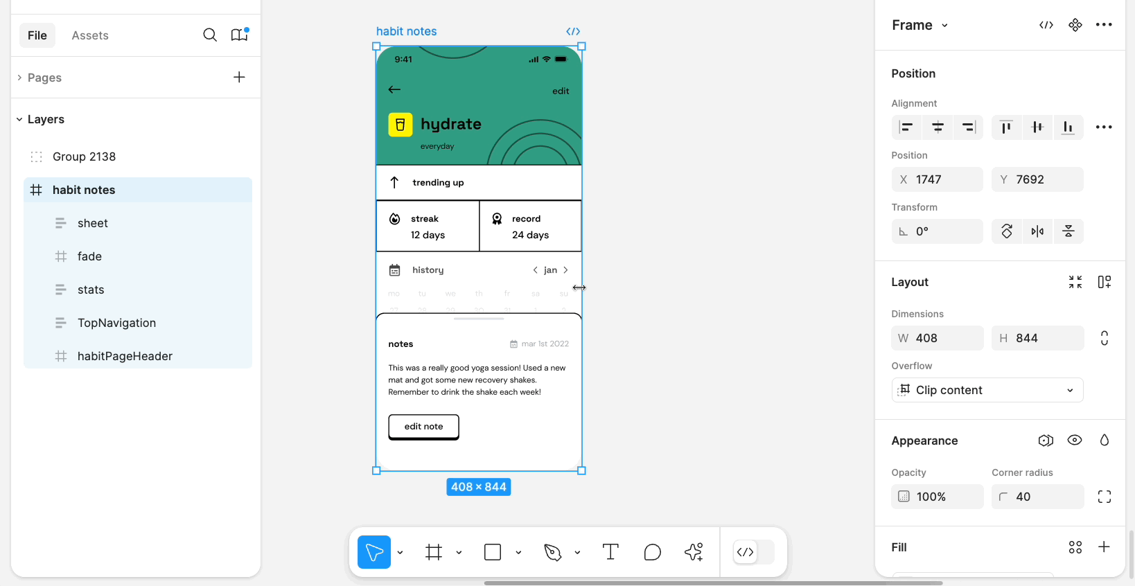 A mobile frame with a popup panel at the bottom of a screen. A cursor selects the panel, clicks the constraints button, and changes the horizontal constraints from 'left' to 'left and right'. When resizing the mobile frame horizontally, the panel expands. 