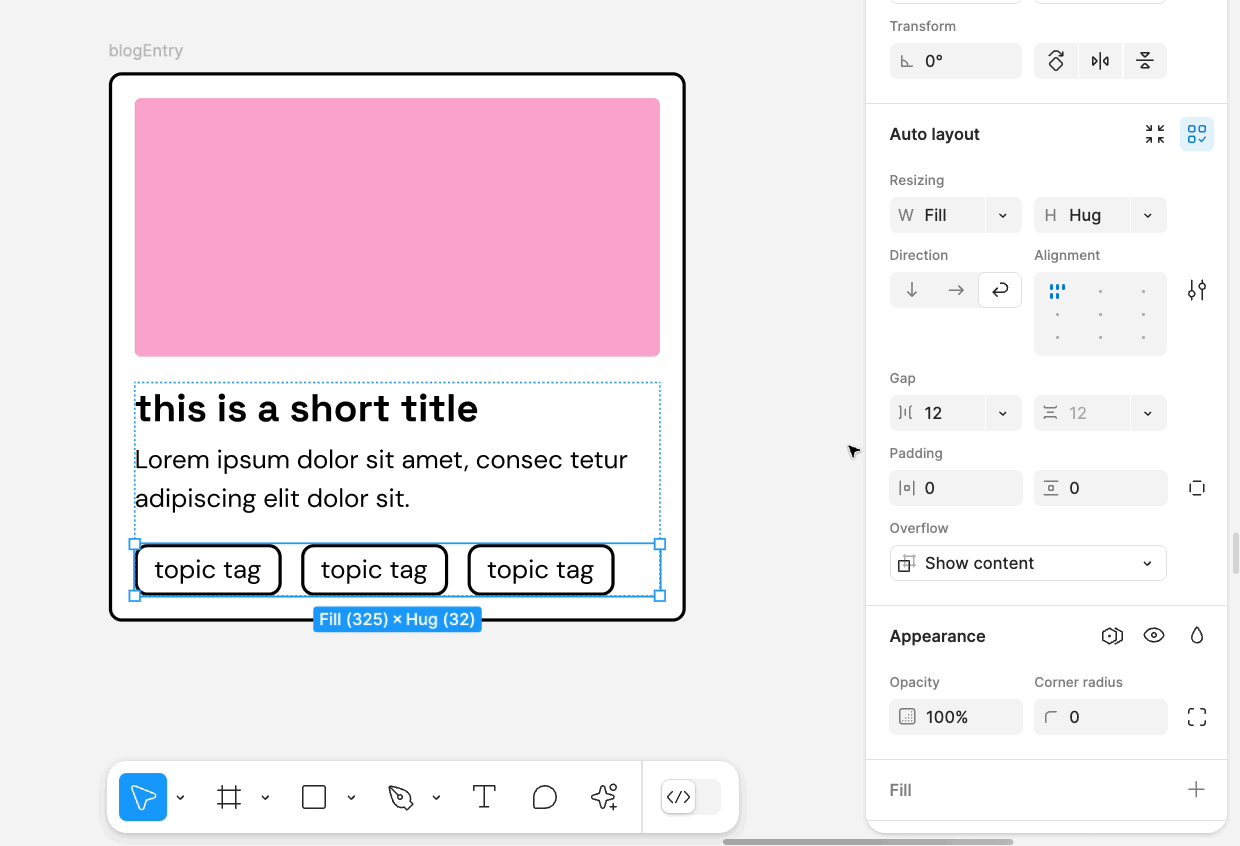 In a Figma Design file, a frame contains a blog post card. Within it is a pink rectangle, title text, description text, and three topic tags. The topic tags are in their own auto layout frame, set to wrap. A cursor clicks into the horizontal gap between field in the right panel and changes it to Auto. The topic tags spread out horizontally to fill its parent container.