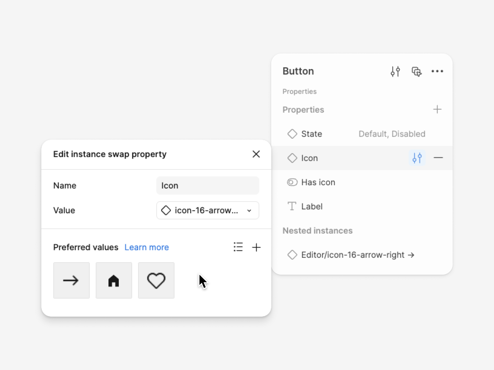 The 'Edit instance swap property' modal is open. At the bottom of the modal, there are three icon thumbnails under the 'Preffered values' section.