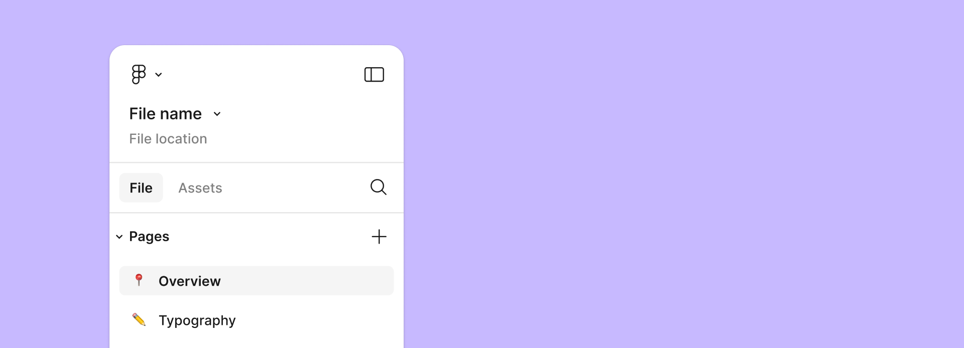 Figma file interface showing file name, location, and page list on a purple background.