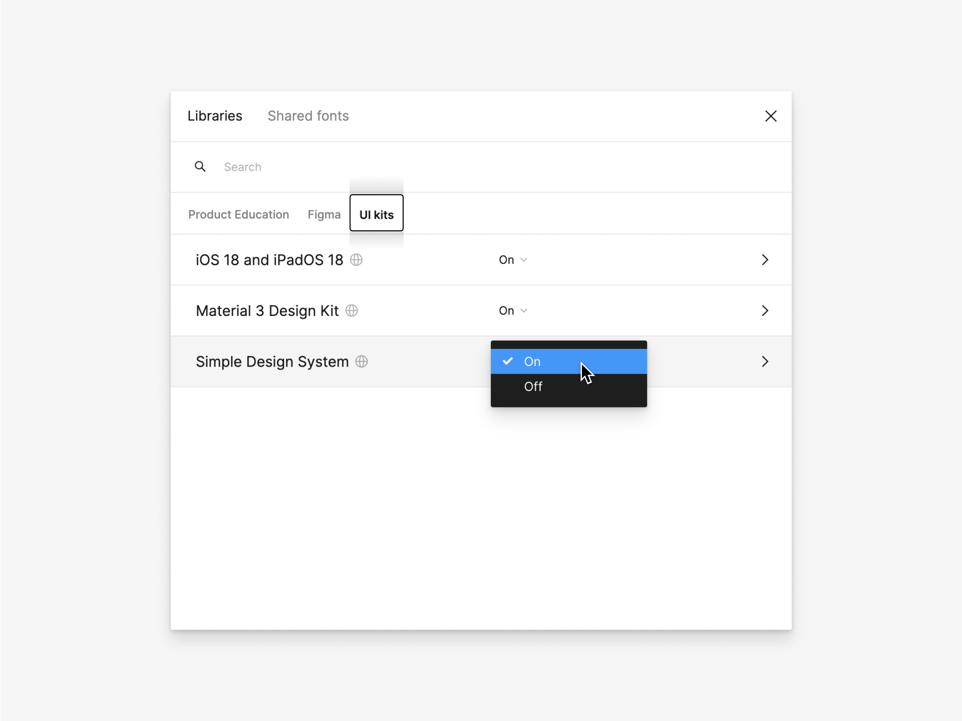 The libraries settings modal open from the team's settings. The UI kits tab is open. A cursor opens the dropdown for the Simple Design System row and hovers over the selection 'On.'