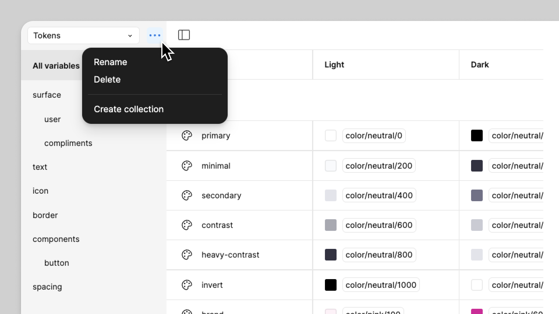 The variables modal is open to a collection called tokens. A cursor clicks the More options button and a menu appears with the options: Rename, Delete, and Create collection.