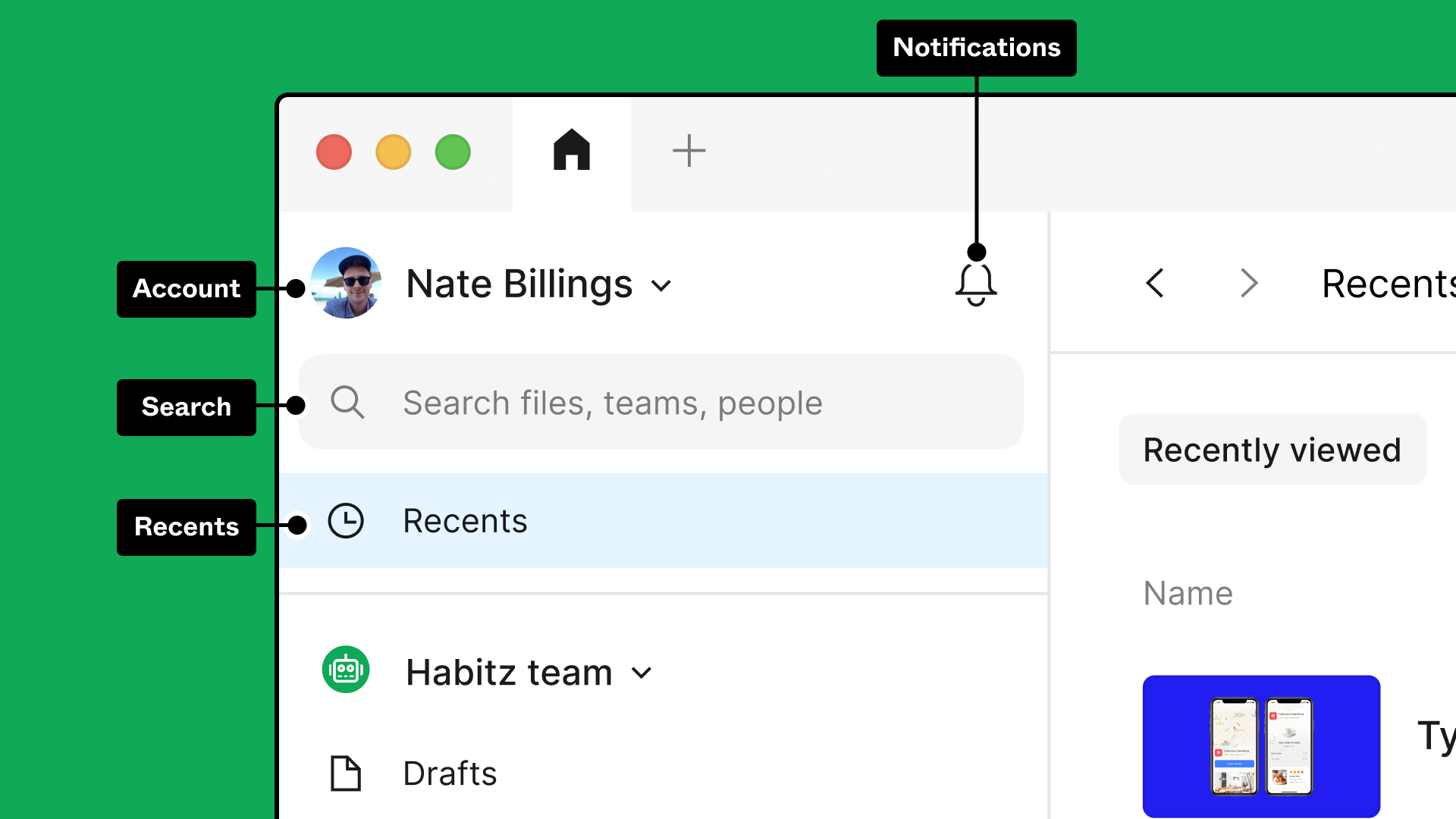 A screenshot of the top-left corner of the file browser on the starter plan with annotations pointing at the account, search, recents, drafts and notifications entry points.
