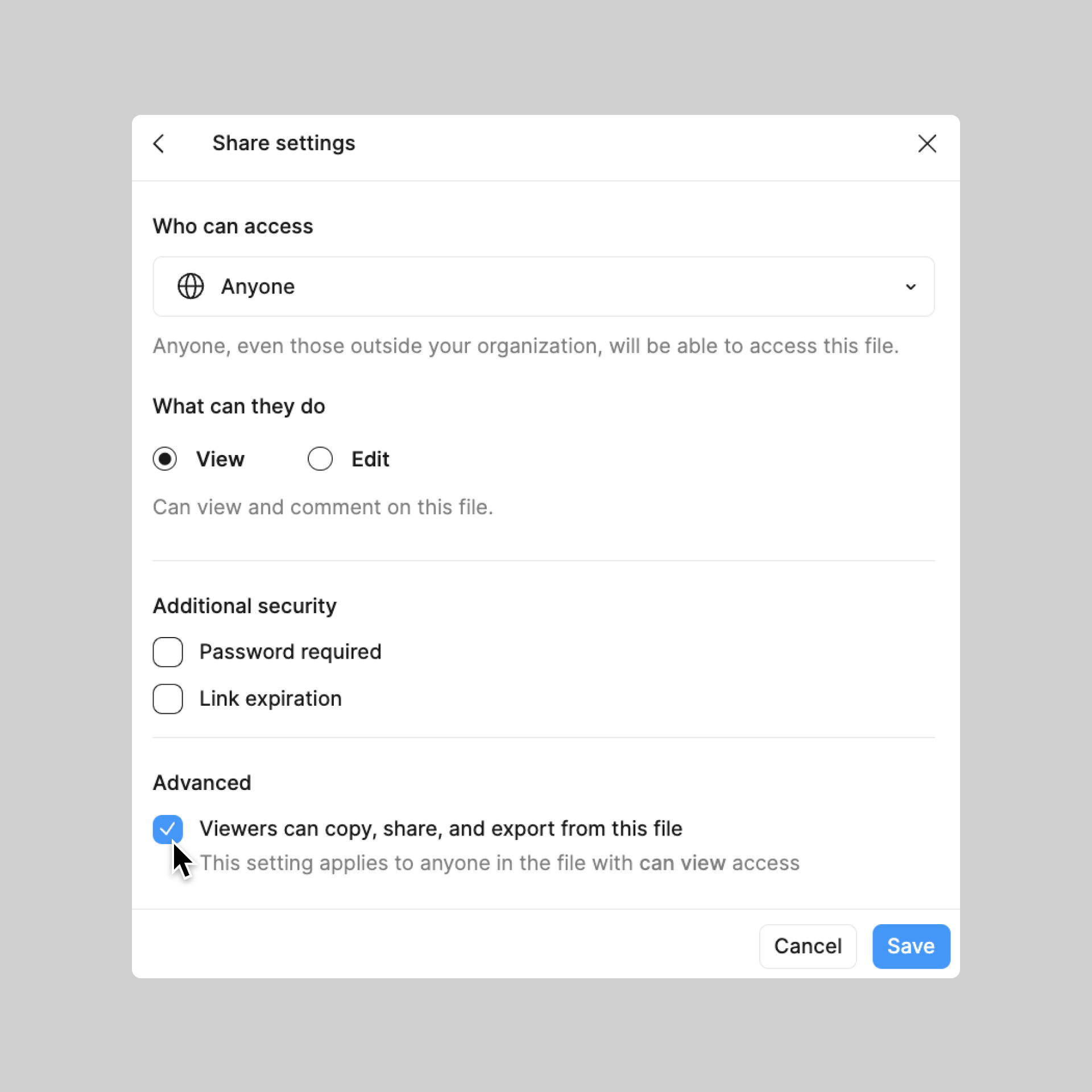 Restrict viewers from copying, sharing, or exporting from the file.png