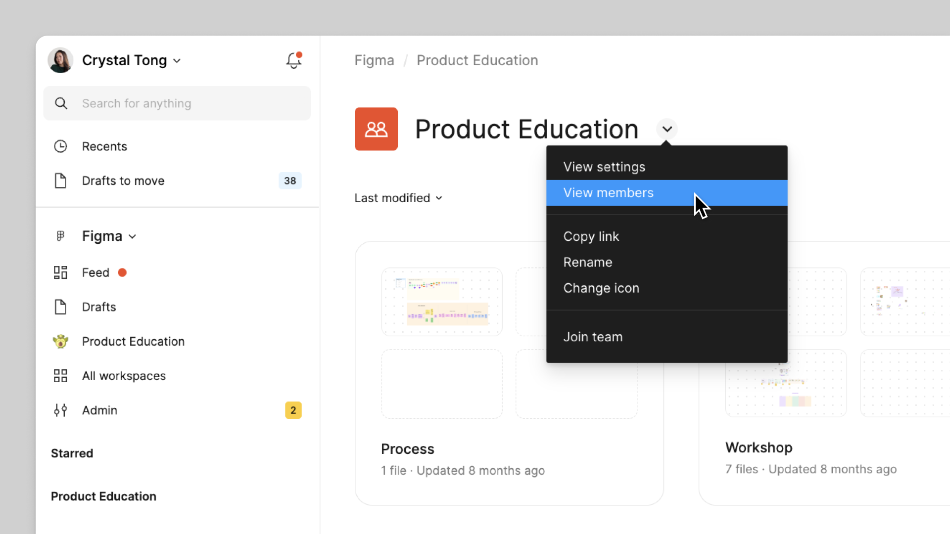 Ansicht eines Teams innerhalb einer Organisation. Das Dropdown-Menü neben dem Teamnamen ist geöffnet und der Cursor bewegt sich über die Menüoption „Mitglieder anzeigen“.