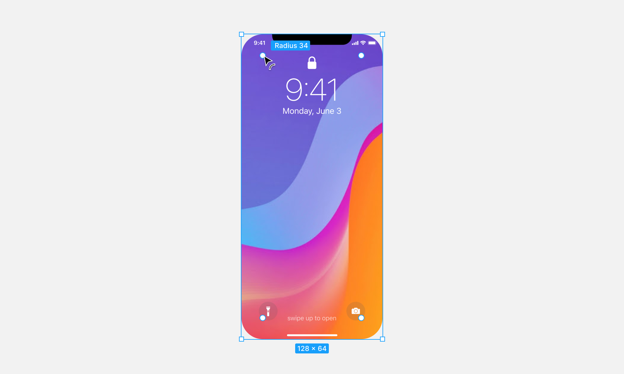 Imagem mostrando alças do canvas que podem ser usadas para ajustar o raio do canto do papel de parede do celular