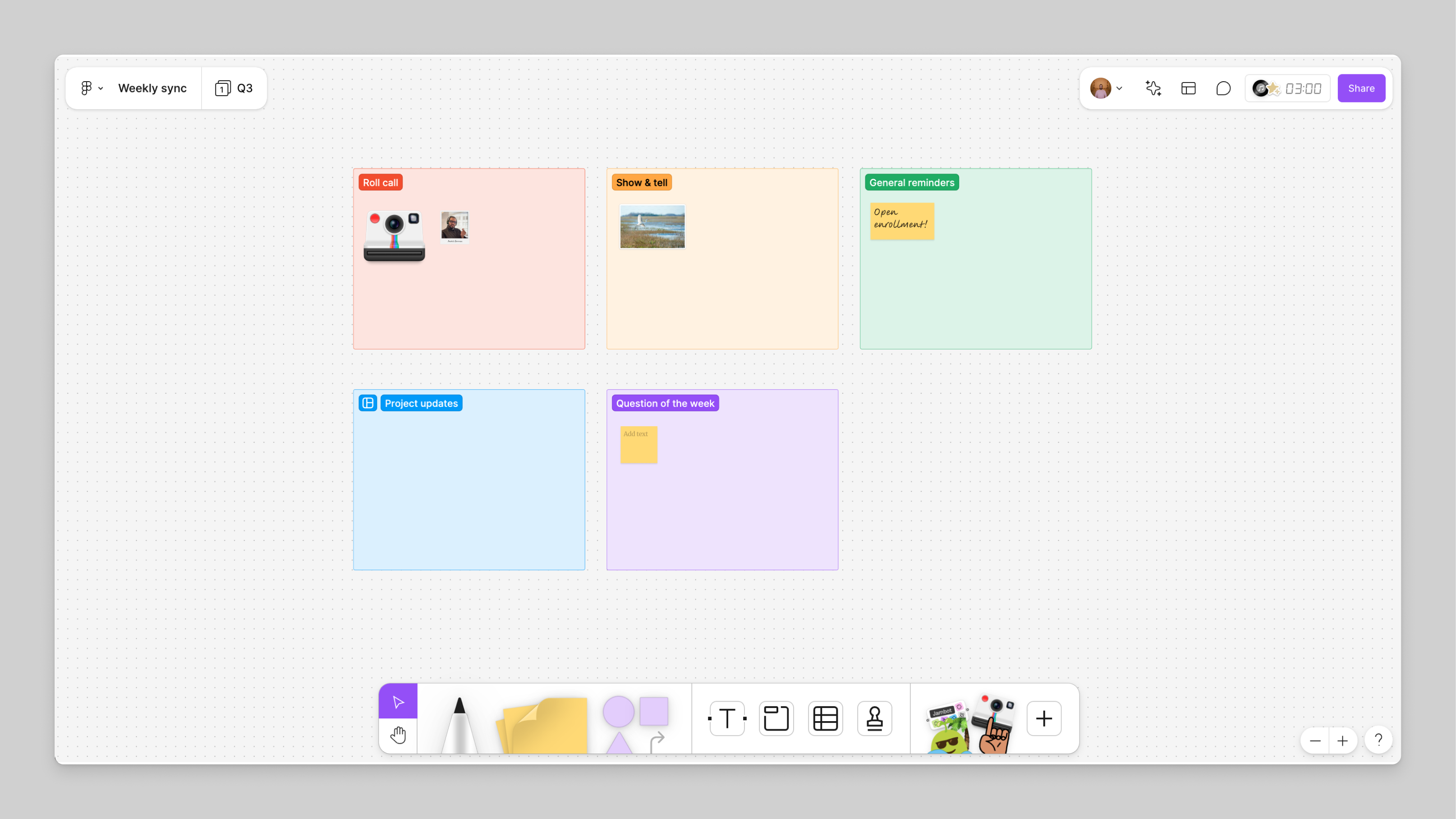 FigJam board with sections for a weekly sync.png