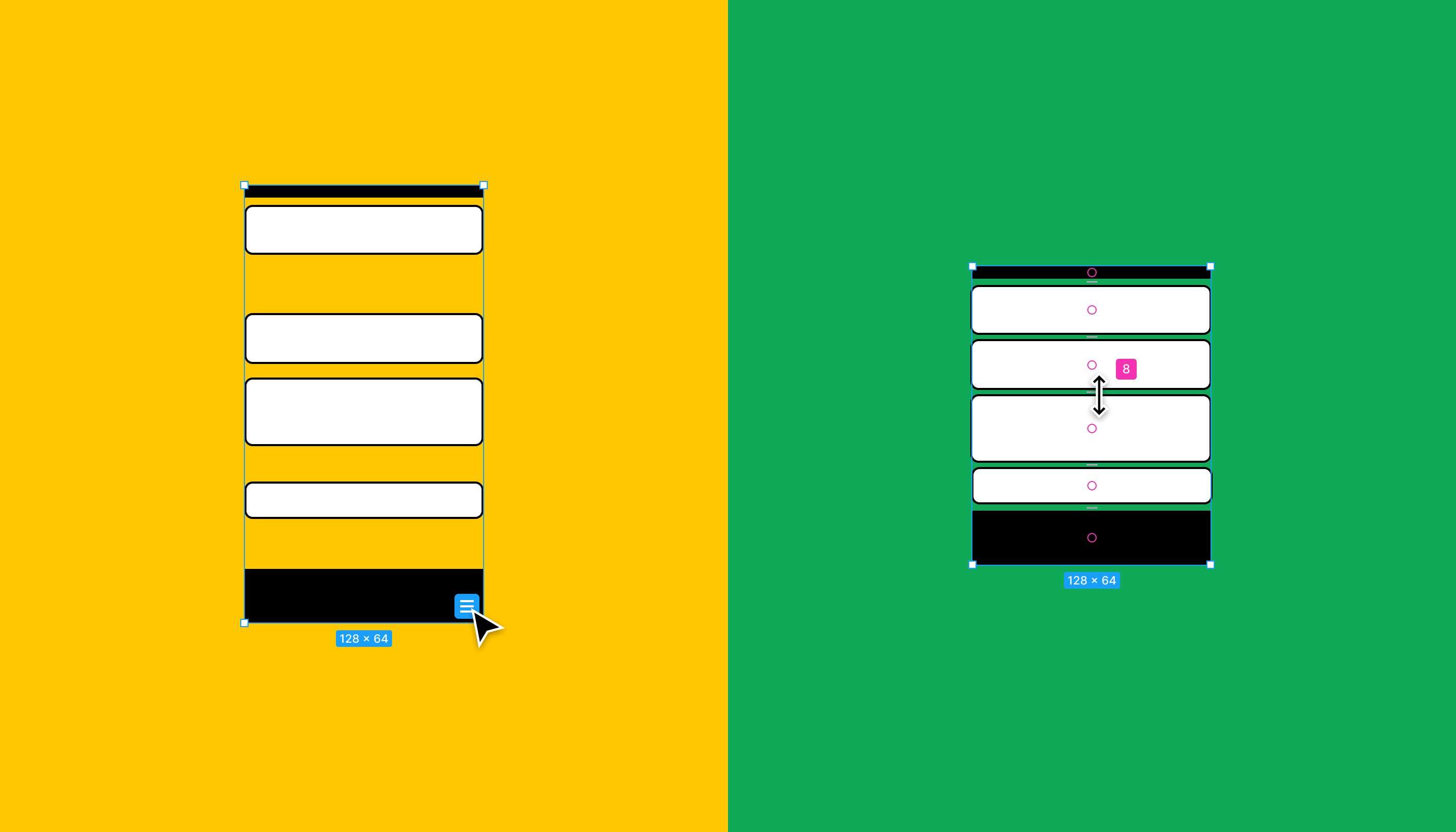 Ilustração mostrando o alinhamento e a distribuição de camadas antes e depois de usar a função Arrumar em uma seleção vertical