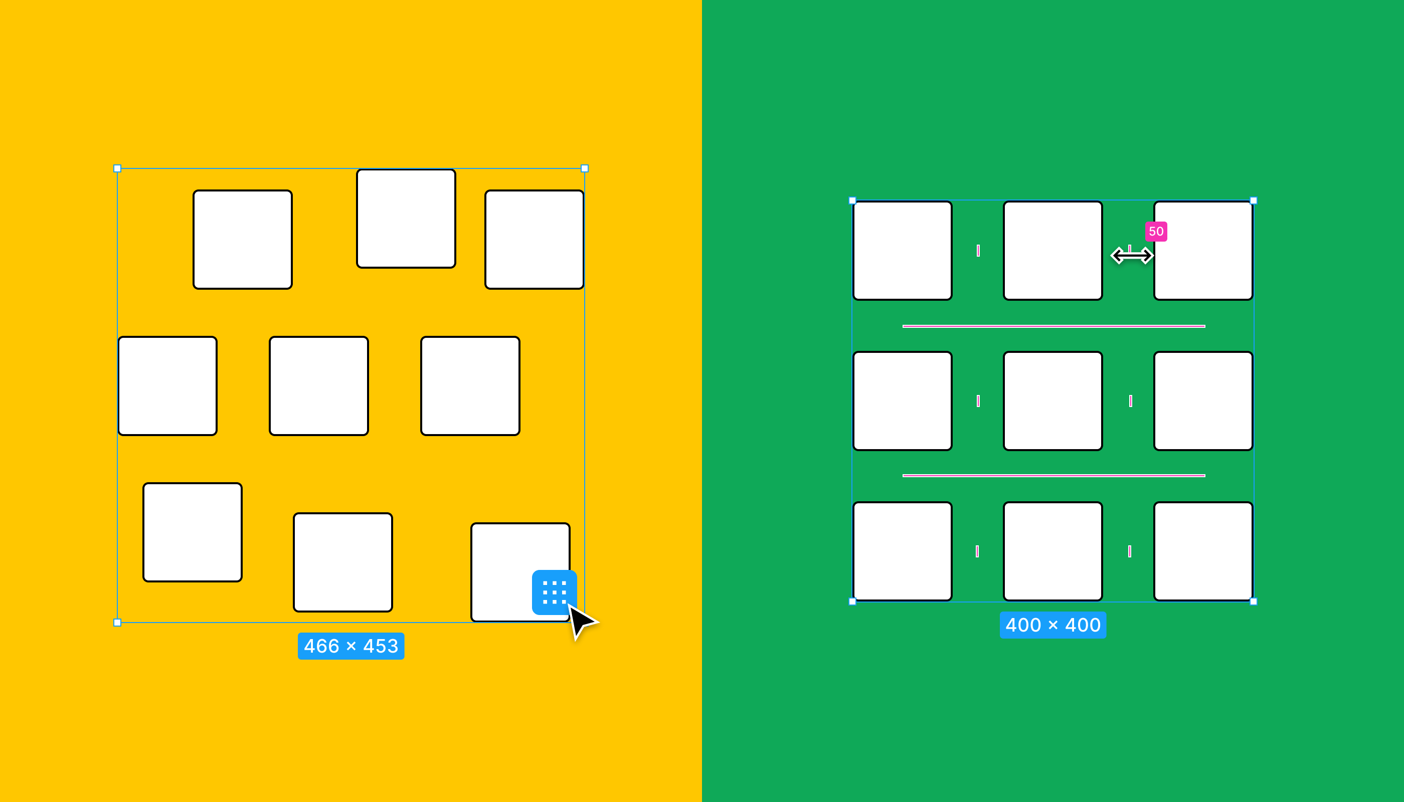 Ilustração mostrando o alinhamento e a distribuição das camadas antes e depois de usar a função Arrumar em uma seleção bidimensional