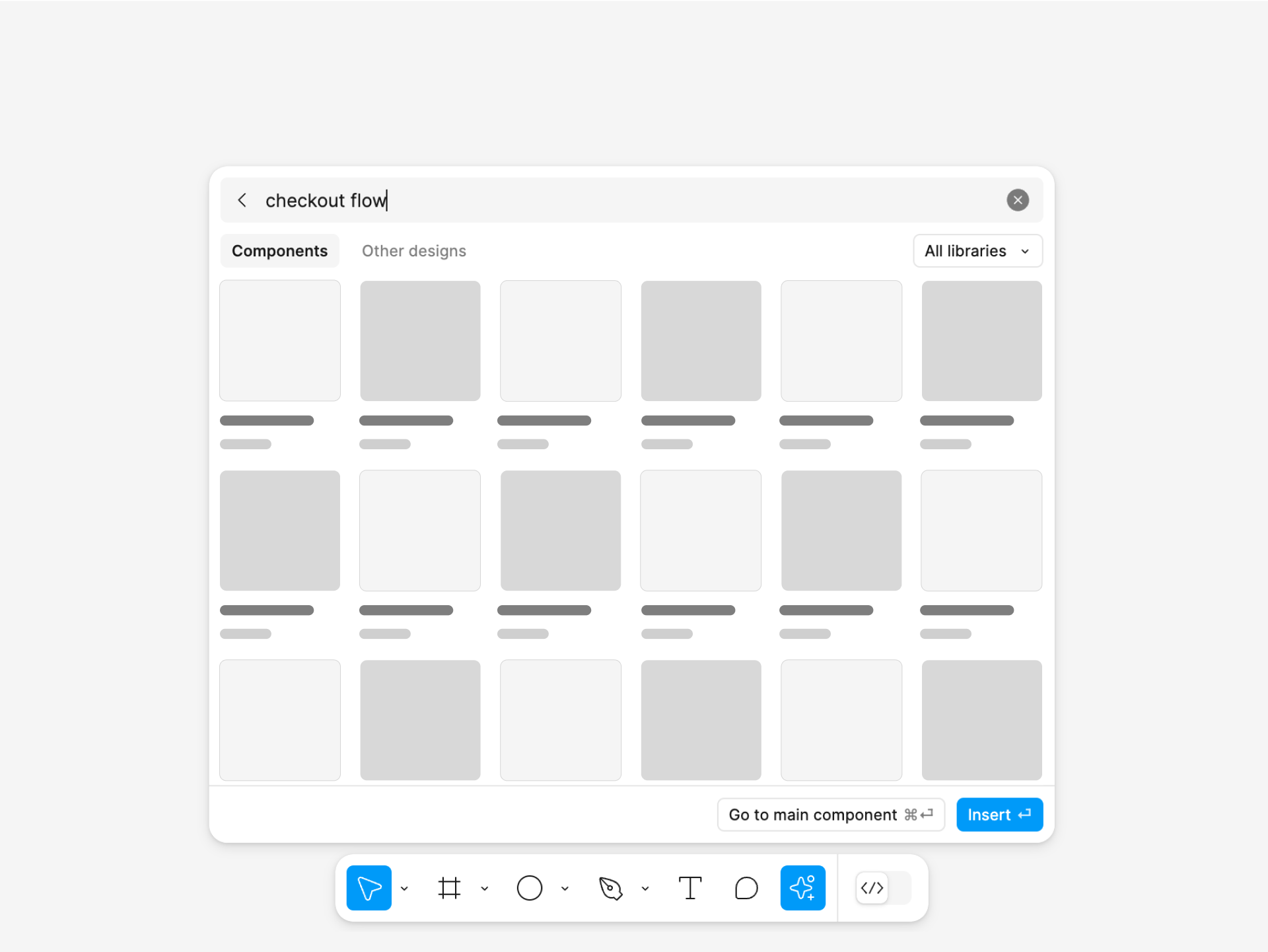 Navigation dans la fenêtre de résultats jusqu'à l'onglet Components et affichage de la requête de recherche « parcours de paiement ». Les vignettes de résultats sont au nombre de 6 par ligne et sont constituées de carrés gris abstraits.