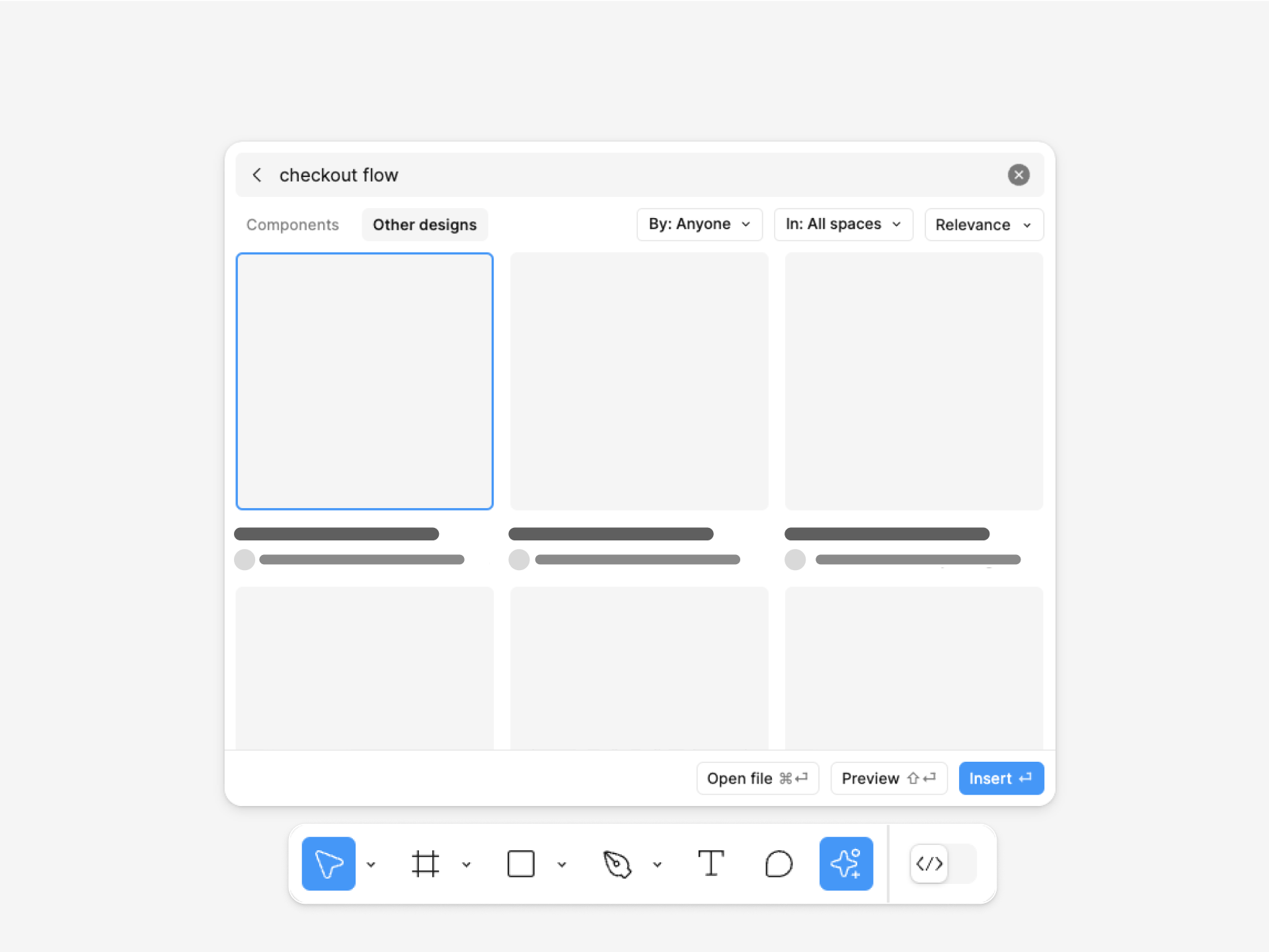 Navigation dans la fenêtre de résultats jusqu'à l'onglet Other designs et affichage de la requête de recherche « parcours de paiement ». Les vignettes de résultats sont au nombre de 3 par ligne et sont constituées de carrés gris abstraits.