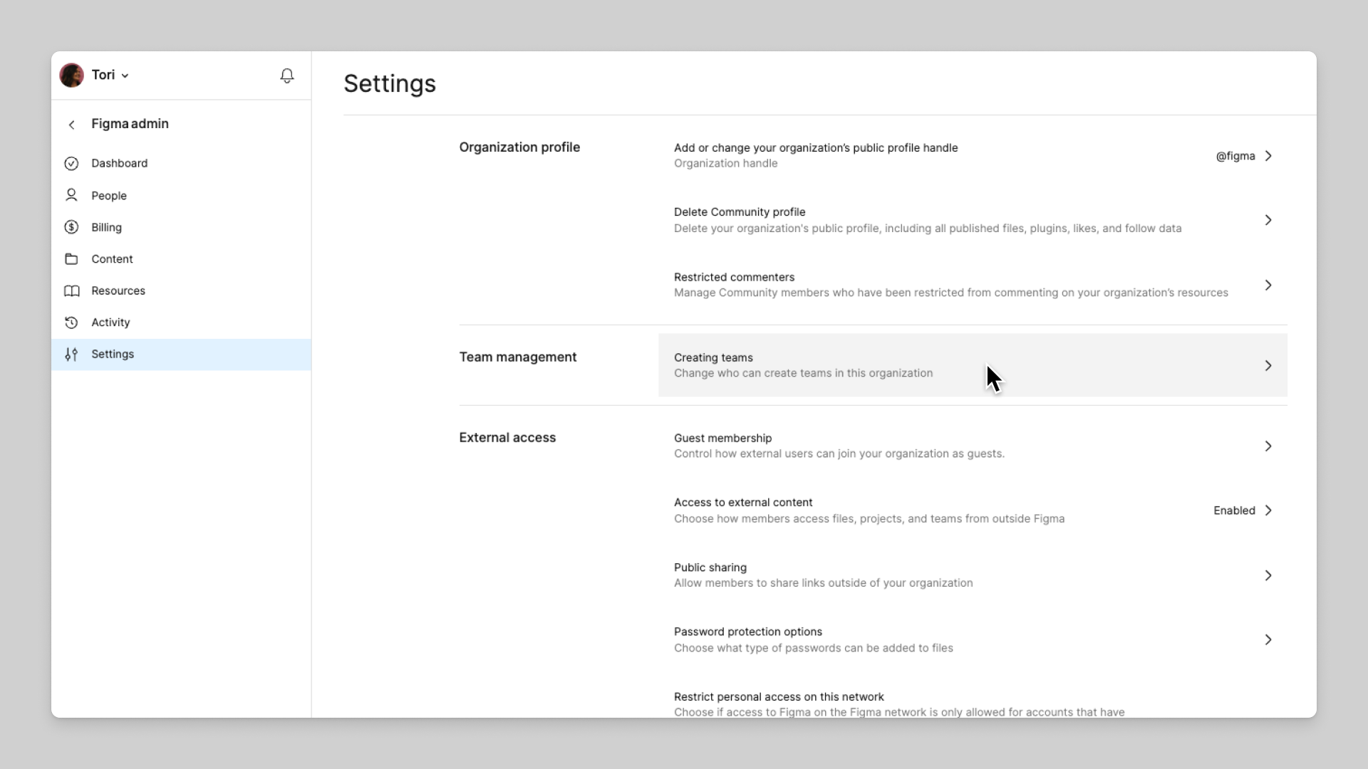 Team managemend settings, accessed from the Settings tab of Figma admin.