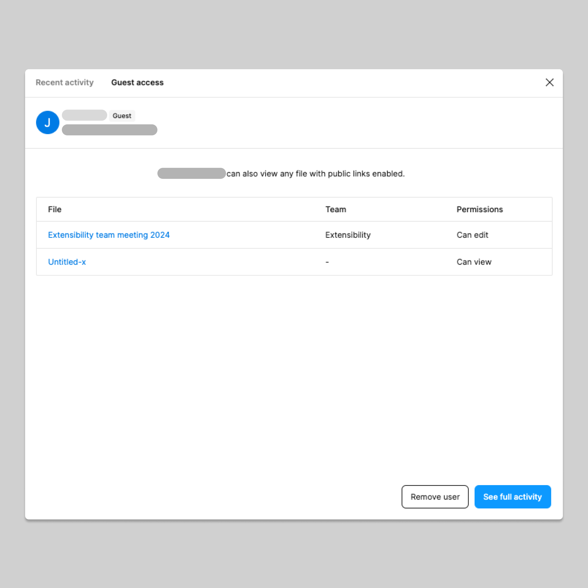 The guest access modal, showing what files and permissions the guest has access to.