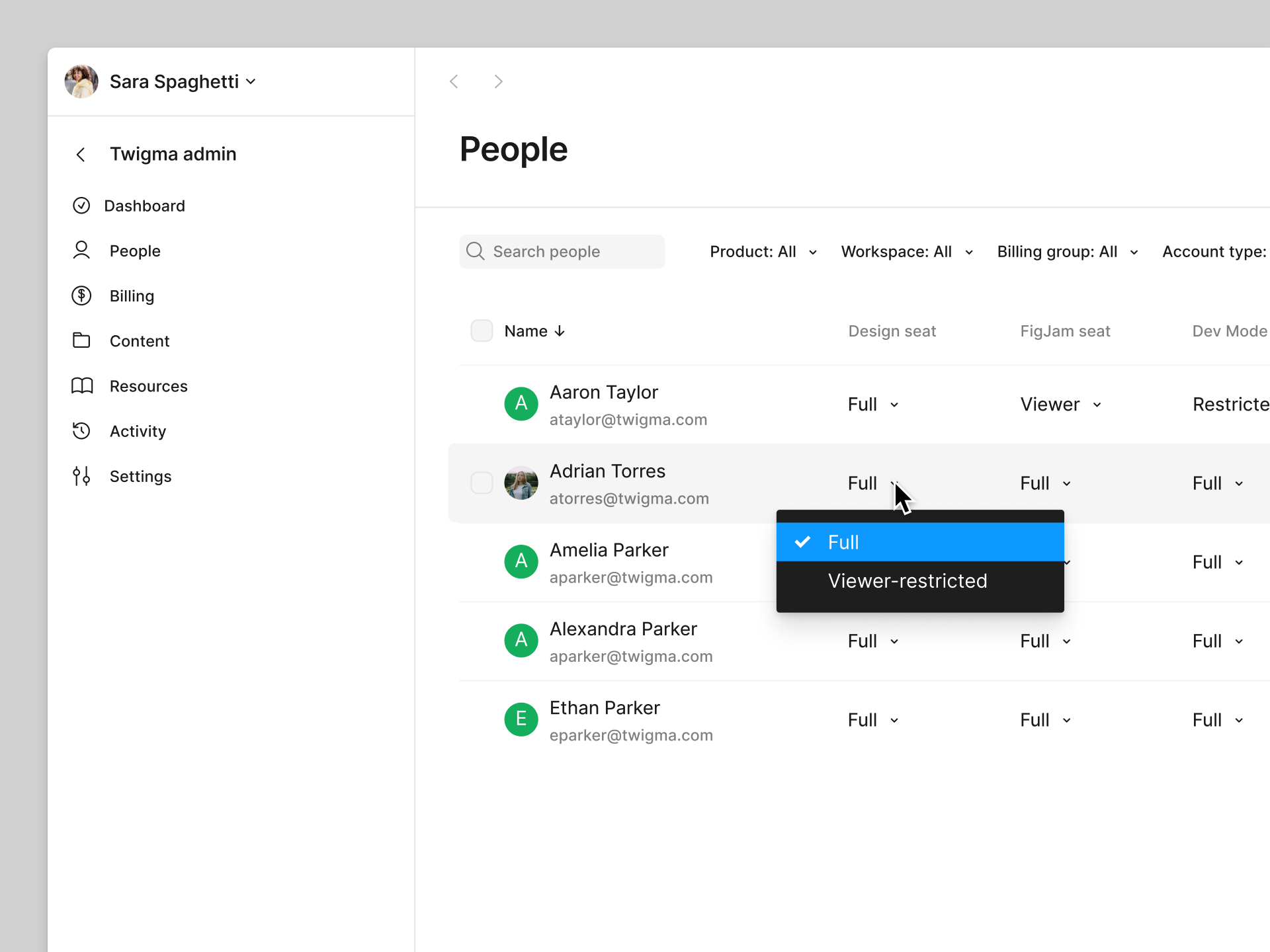 Changing a user's seat type from the People tab of Figma admin.