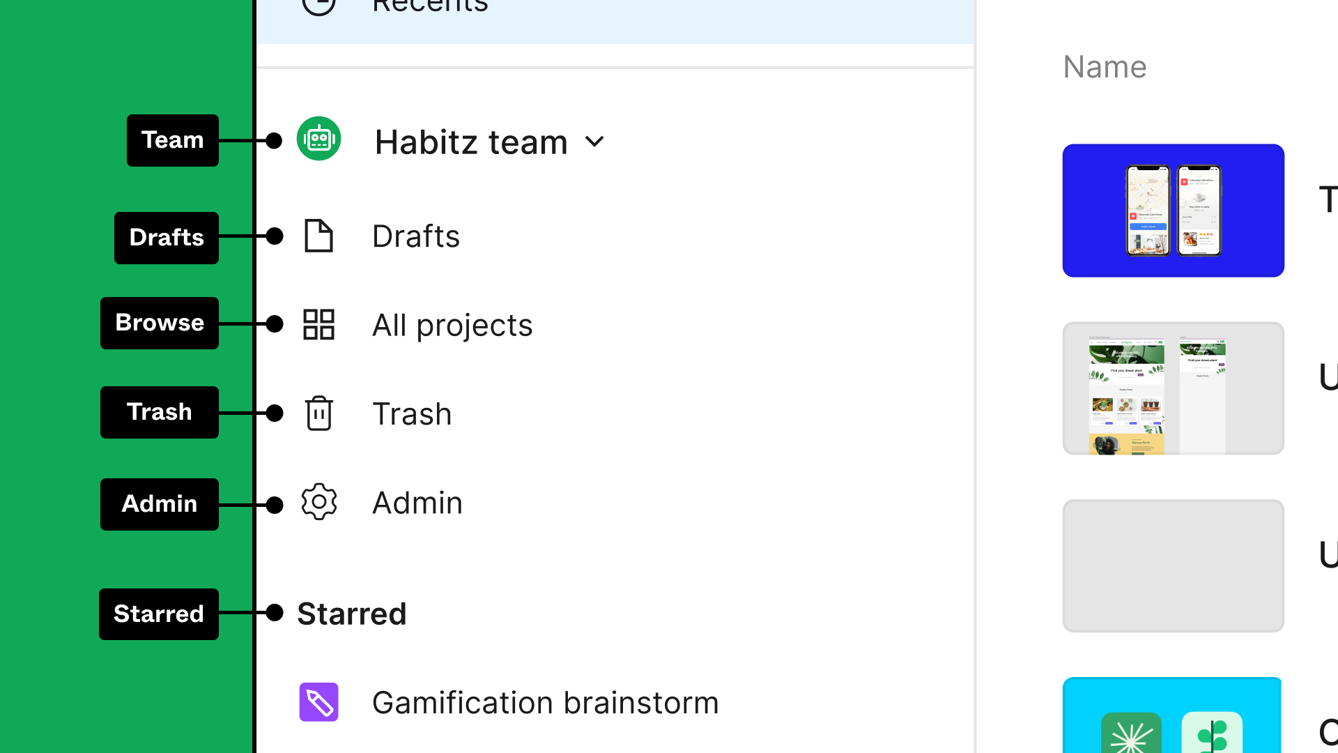 A screenshot of the sidebar on the left side of the file browser on the starter plan with annotations pointing at team, drafts, browse, admin, trash, and starred entry points.