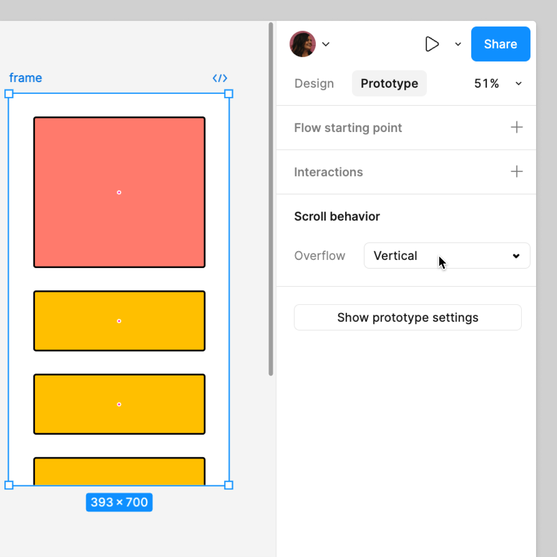 Ein Rahmen wird ausgewählt und auf dem Prototyp-Tab wird die Einstellung für den Scroll-Overflow angewendet.