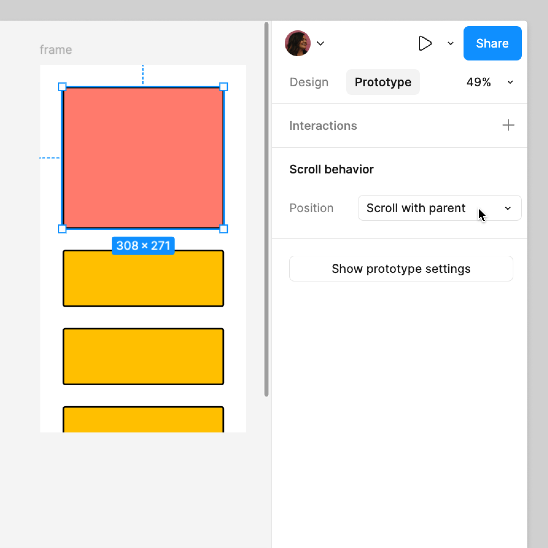 Ein Objekt wird ausgewählt. Auf dem Prototyping-Tab wird die Einstellung für das Scrollverhalten angewendet.
