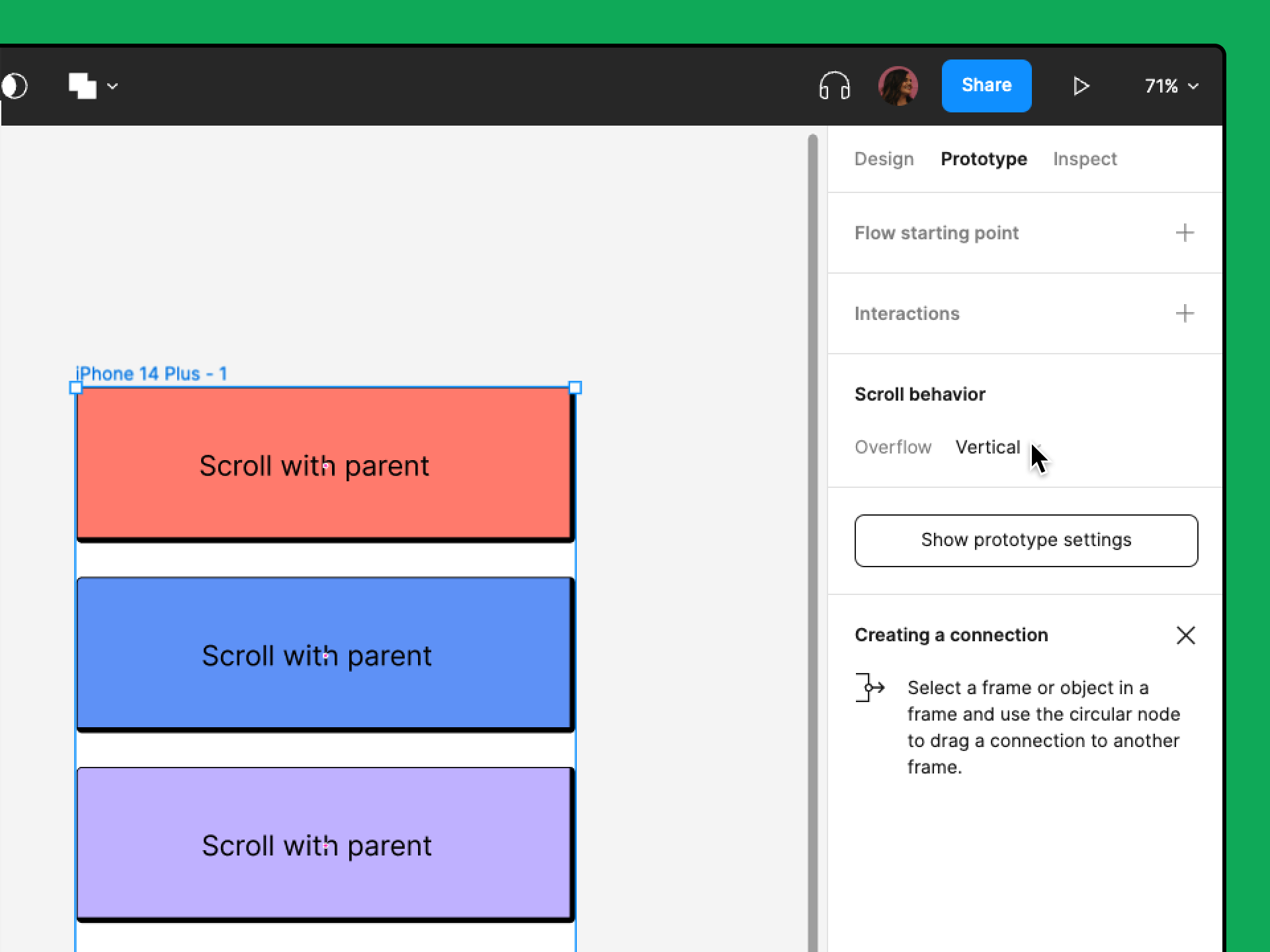 Ein Rahmen wird ausgewählt. Der Prototyp-Tab wird in der rechten Seitenleiste geöffnet und das Scroll-Overflow-Verhalten wird angewendet.