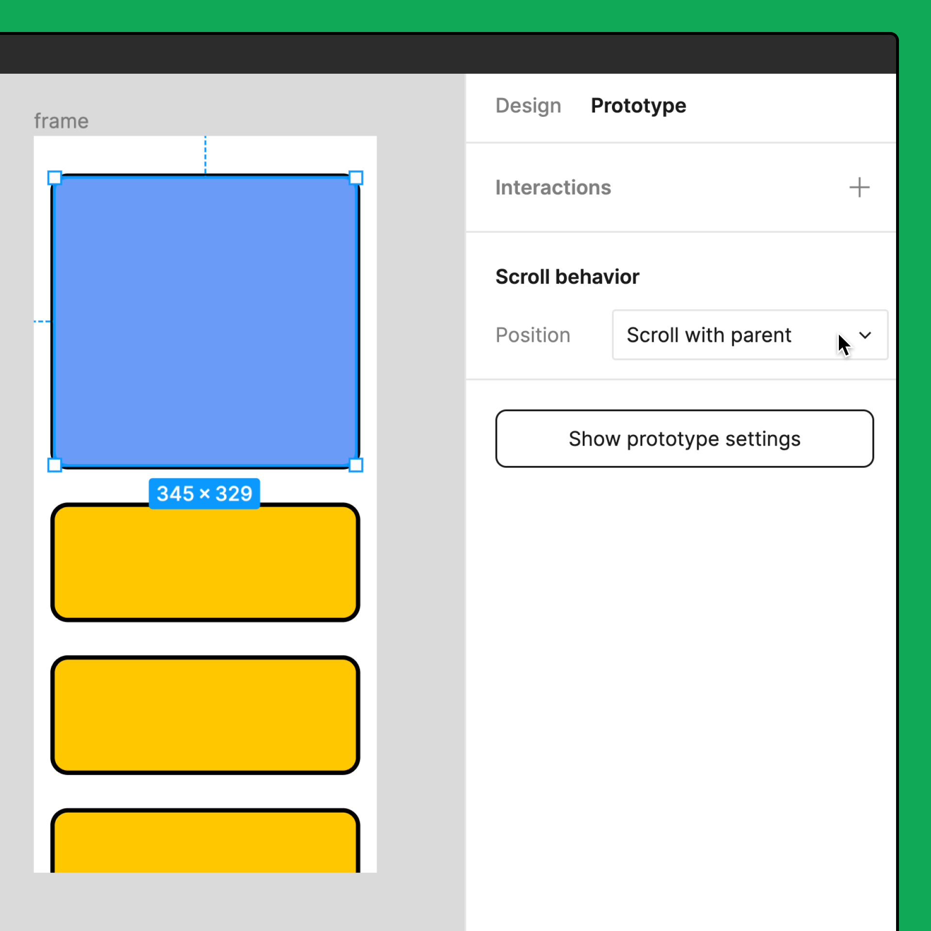 Ein Objekt innerhalb eines Rahmens wird ausgewählt. Vom Prototyp-Tab in der rechten Seitenleiste aus wird das Scrollverhalten auf das Objekt angewendet.