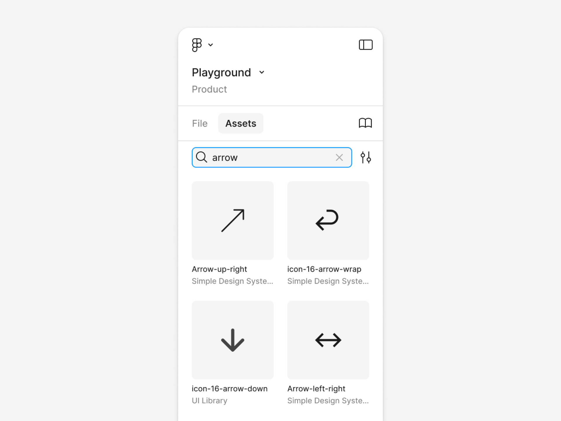 Eine Ansicht des oberen Teils des linken Panels mit geöffnetem Objekte-Tab. Der Text „Pfeil“ erscheint in der Suchanfrage und die Ergebnisse zeigen verschiedene Pfeilsymbole mit dem Namen „Pfeil“ im Namen.
