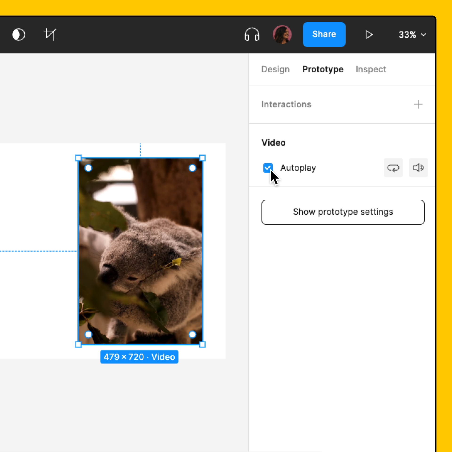 Der Prototyping-Tab ist ausgewählt. Im Videobereich ist die Autoplay-Funktion deaktiviert.