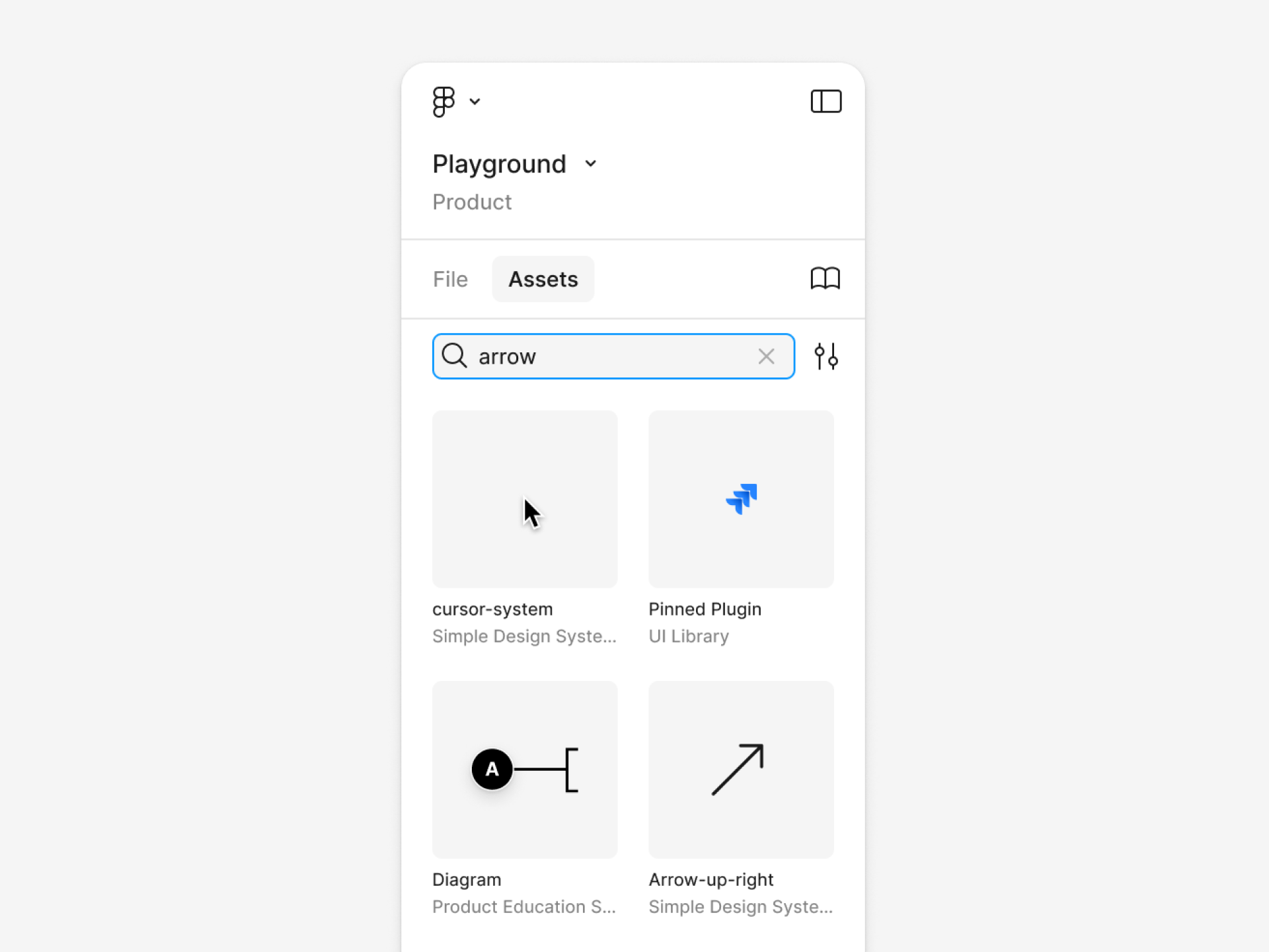 Una vista de la parte superior del panel izquierdo con la pestaña «Recursos» abierta. El texto «flecha» aparece en la consulta de búsqueda y los resultados muestran un cursor, un icono de Jira, un activo de anotación y una flecha.