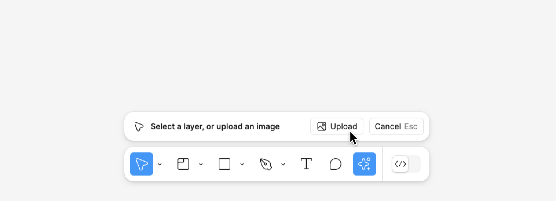 O menu Ações é selecionado na barra de ferramentas. Um painel adicional fica acima da barra de ferramentas, contendo um rótulo que diz 'Selecione uma camada ou faça upload de uma imagem' e dois botões à esquerda com os rótulos 'Upload' e 'Cancelar'. O cursor passa sobre o botão Upload.