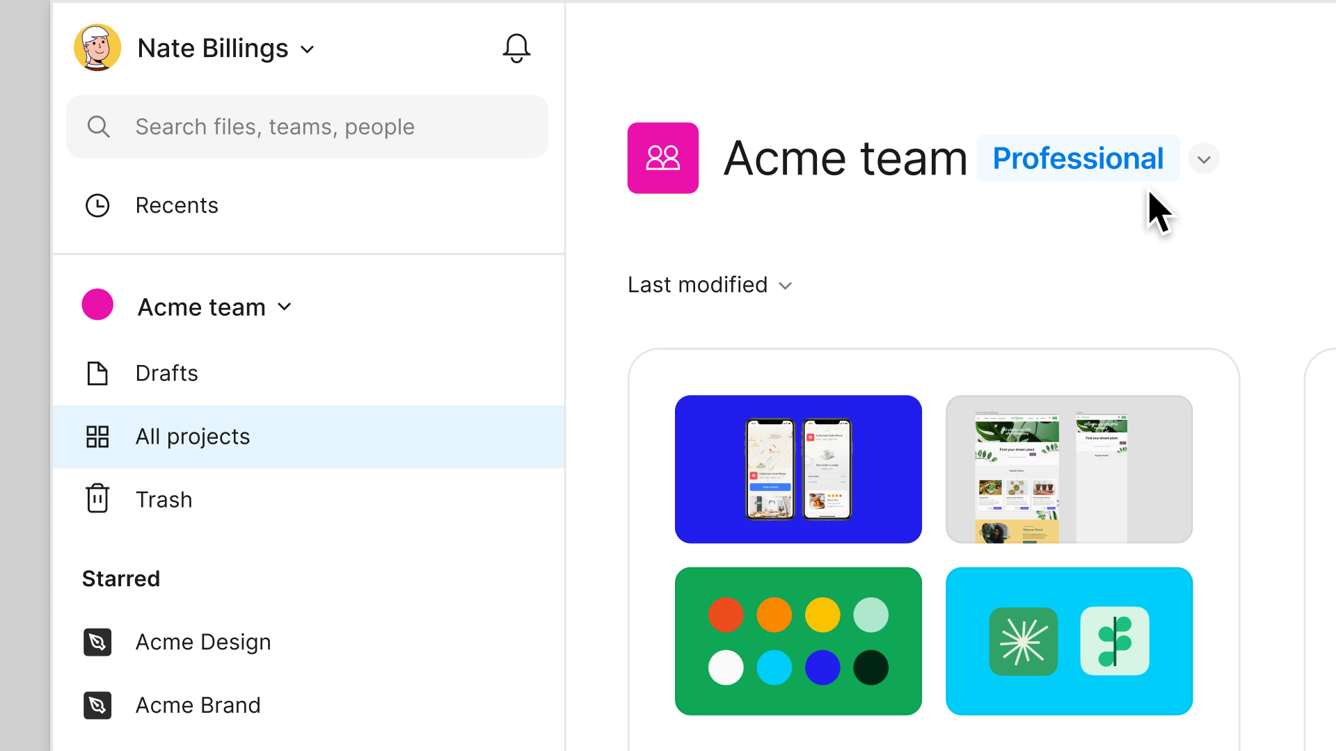 Screenshot of the Figma file browser showing the left sidebar with 'All projects' selected. The right pane displays the 'Acme team' with the 'Professional' label next to it, indicating the team’s paid status.