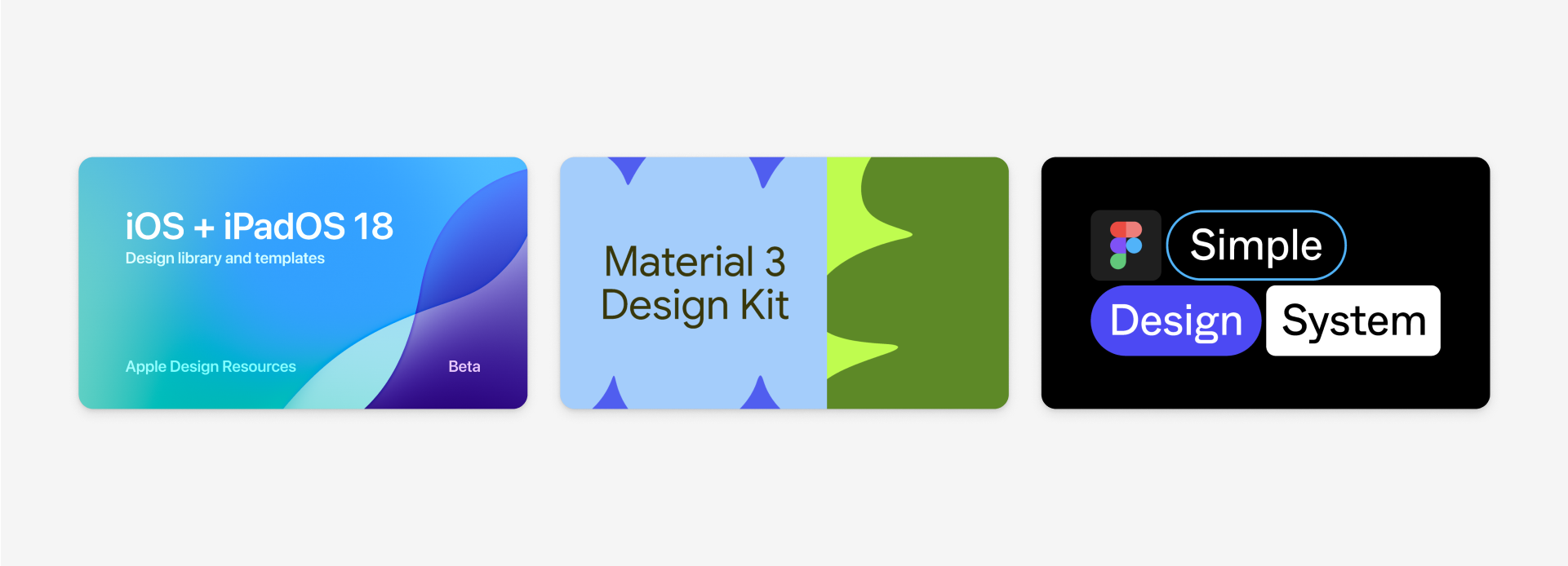 tres miniaturas seguidas para los kits de iu para iOS 18 de Apple, Material 3 Design de Google y Simple Design System de Figma.