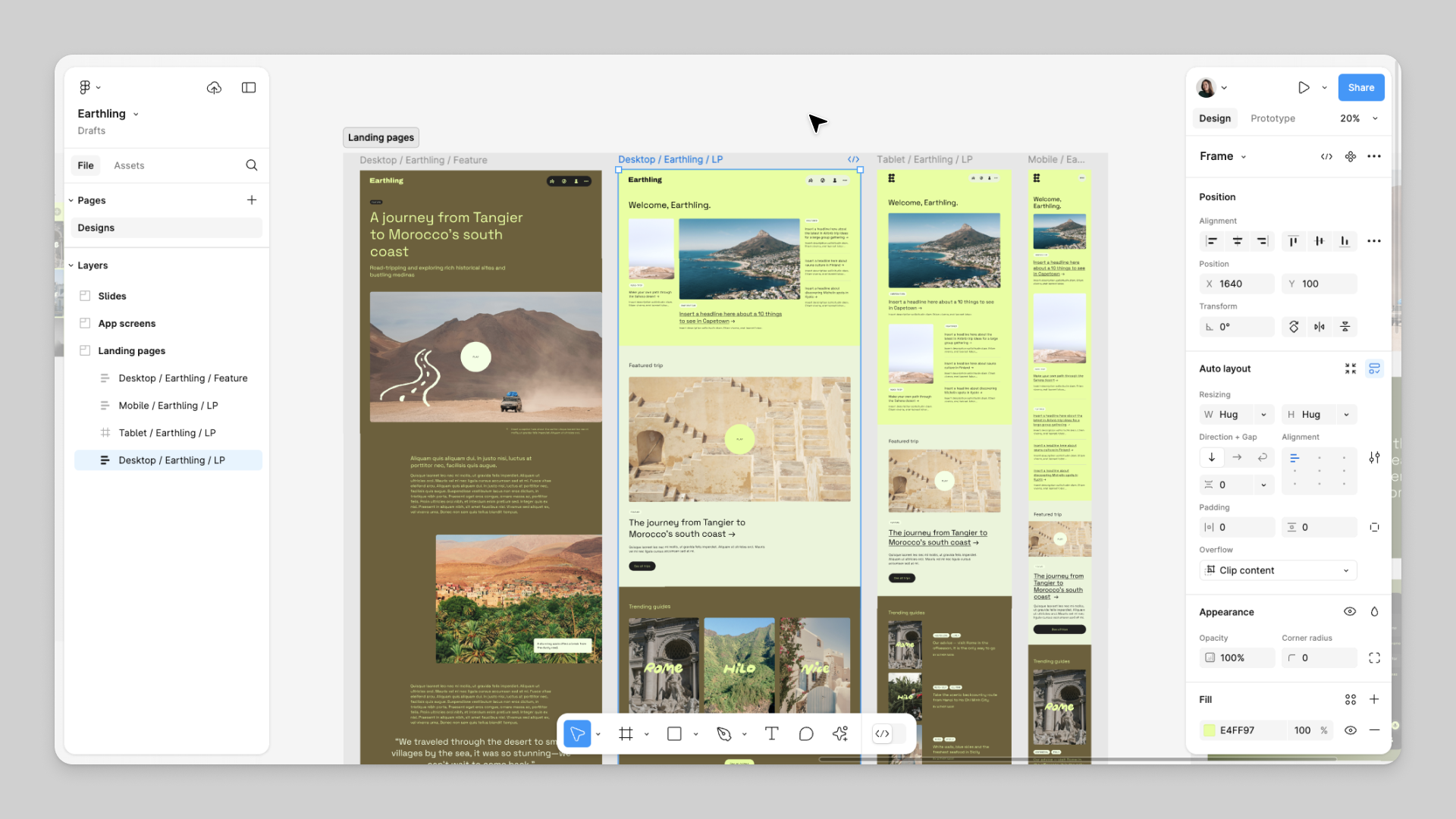 una imagen de ventana completa de un archivo figma design utilizando la ui3. Hay cuatro marcos del tamaño de un escritorio de una aplicación llamada «Earthling», una aplicación de diario de viajes, dentro de una sección llamada «páginas de aterrizaje».