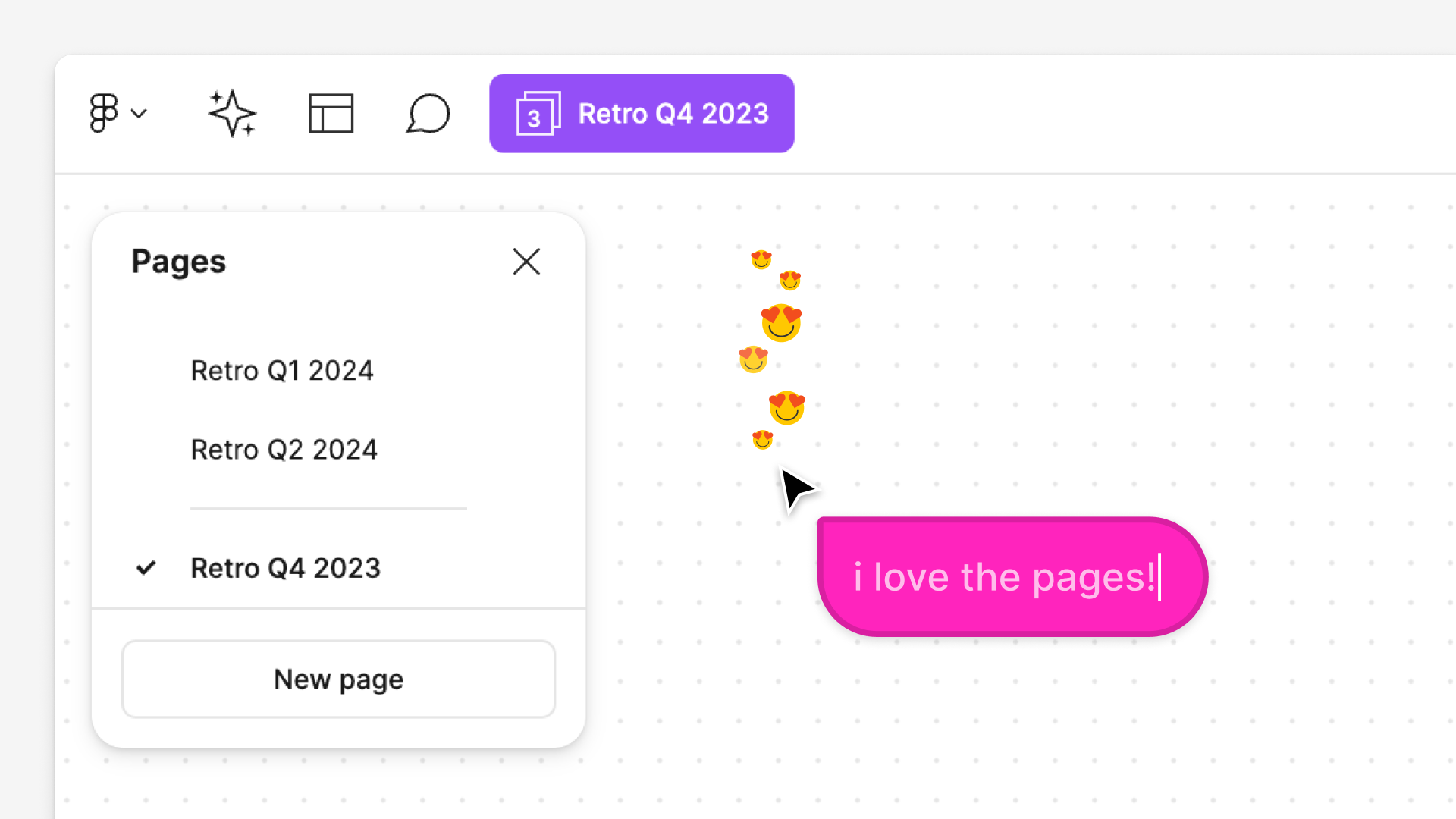 Se ha ampliado la esquina superior izquierda de un archivo figjam. El panel de páginas está abierto y contiene varias páginas para diferentes retrospectivas trimestrales, así como un divisor. Un chat cursor dice «me encantan las páginas» con unos cuantos emojis de ojos de corazón encima de él.