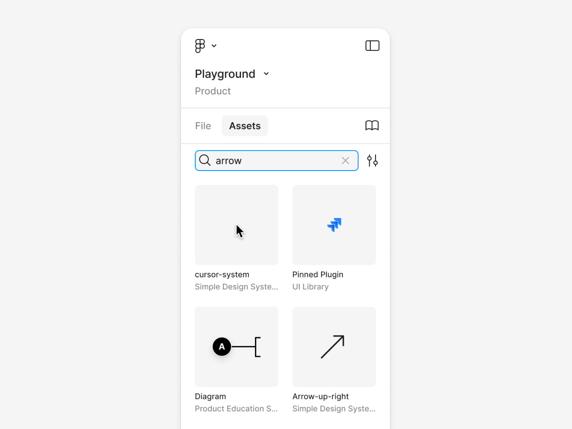 A view of the upper part of the left panel with the Assets tab open. The text 'arrow' appears in the search query, and the results showing a cursor, a Jira icon, an annotation asset, and an arrow.