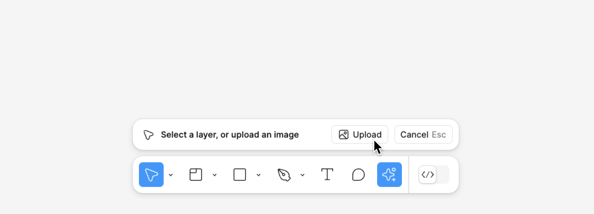 The Actions menu is selected in the toolbar. An additional panel sits above the toolbar containing a label that says 'Select a layer, or upload an image' and two buttons on the right labeled 'Upload' and 'Cancel.' The cursor hovers over the Upload button.