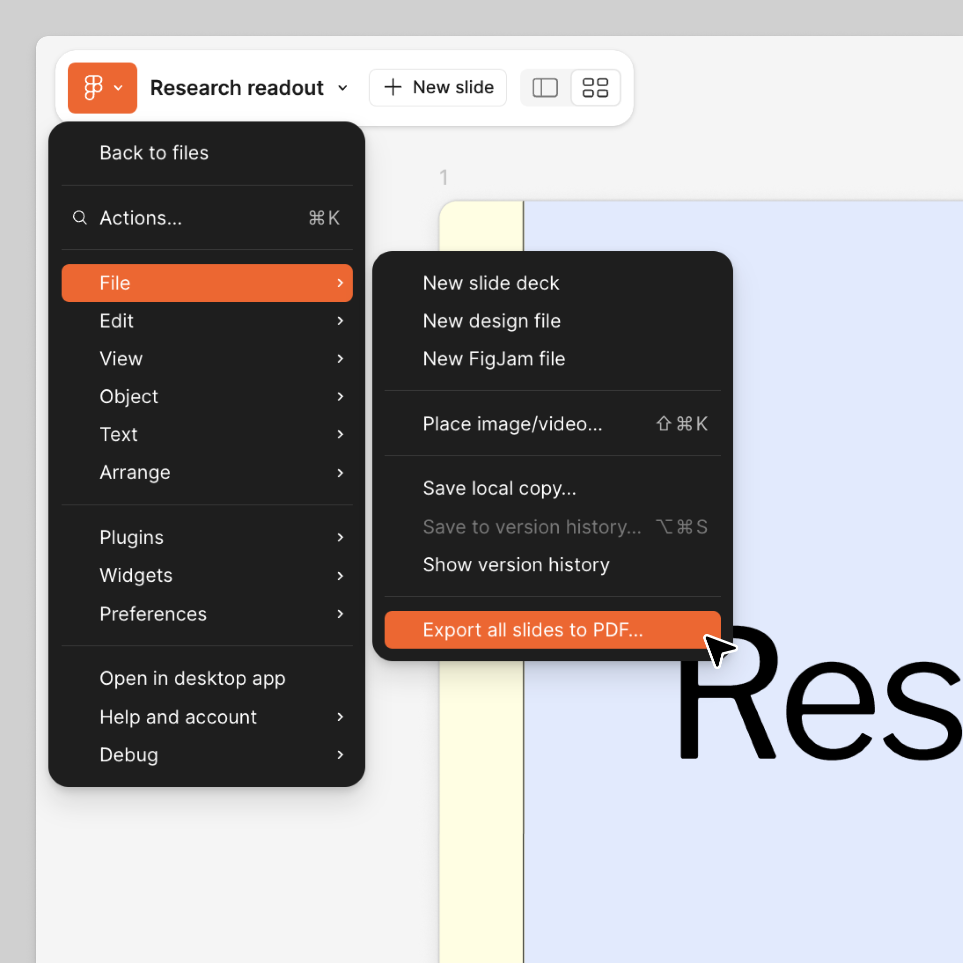 Exporter toutes les diapositives au format PDF dans le menu principal de Figma Slides.png