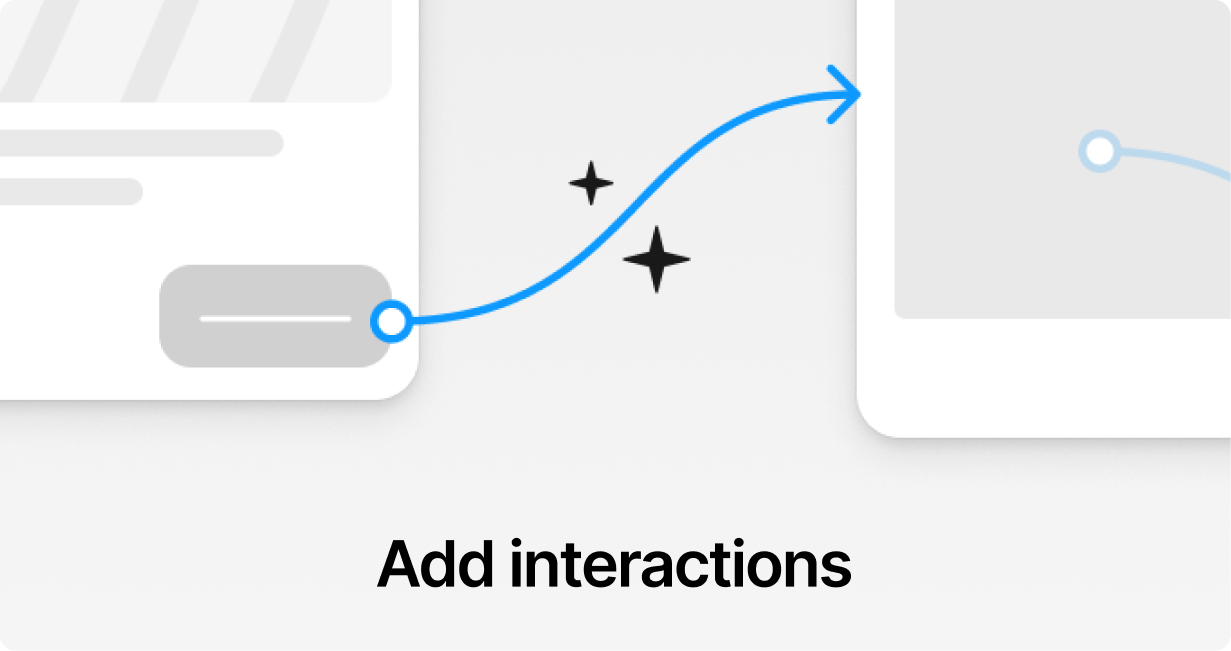 hero image for add interactions. Two frames with a blue prototype noodle connecting them with sparkles around it.