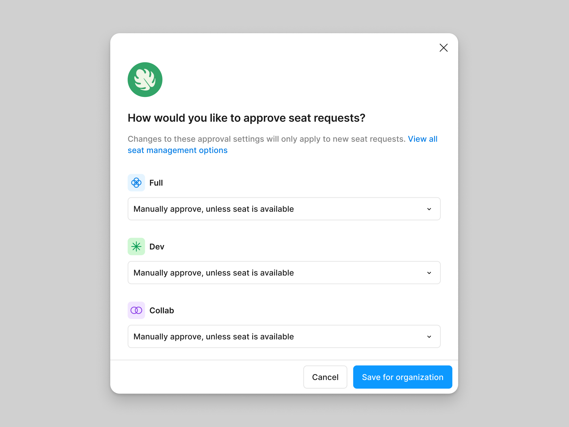 The seat approval settings modal. Set seat approval settings by seat type.