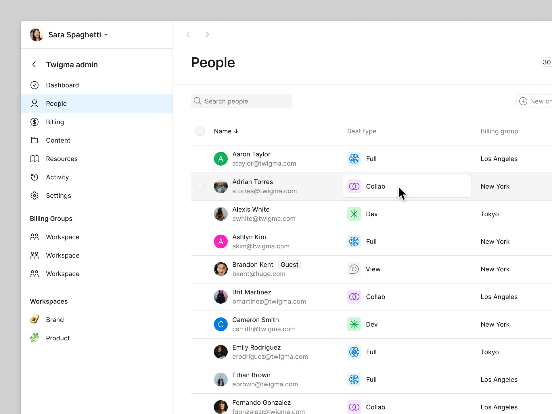 Change a users seat type by selecting their current seat from the Seat type column.