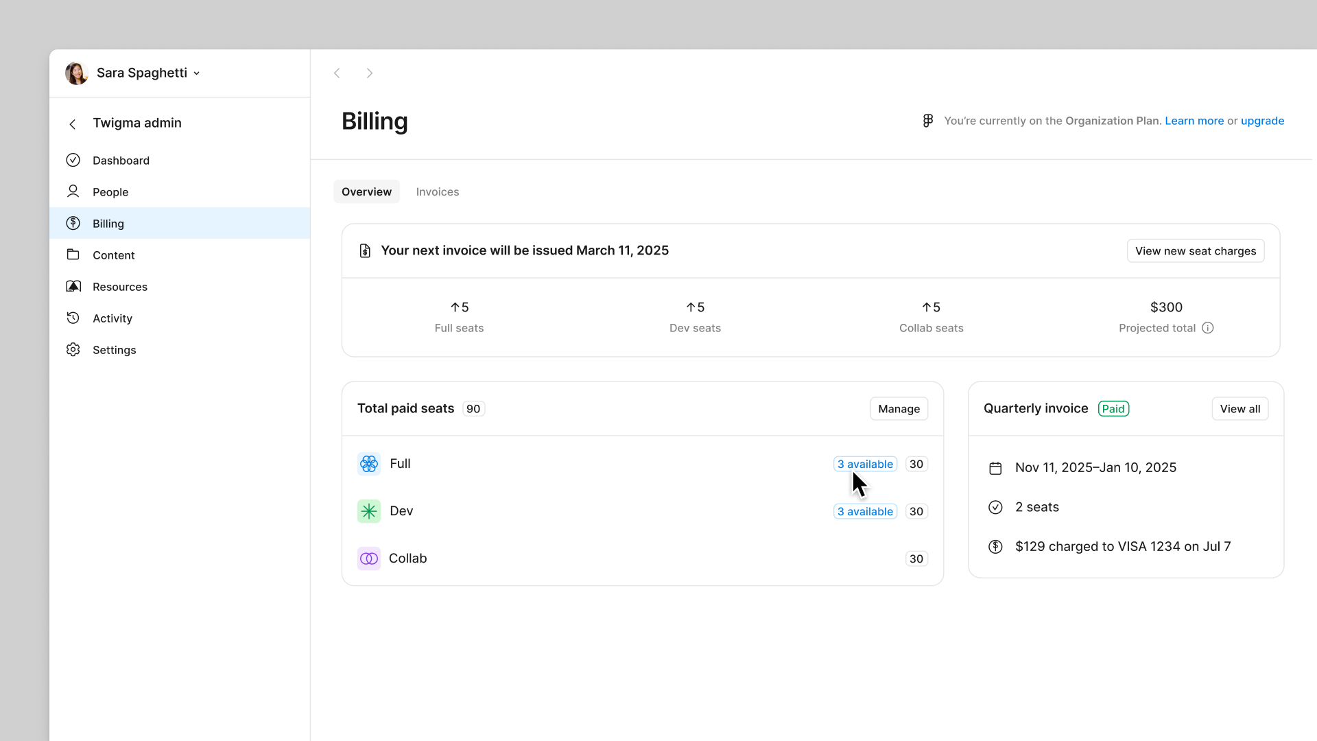 View how many available seats you have from the Total paid seats table on your billing overview page.