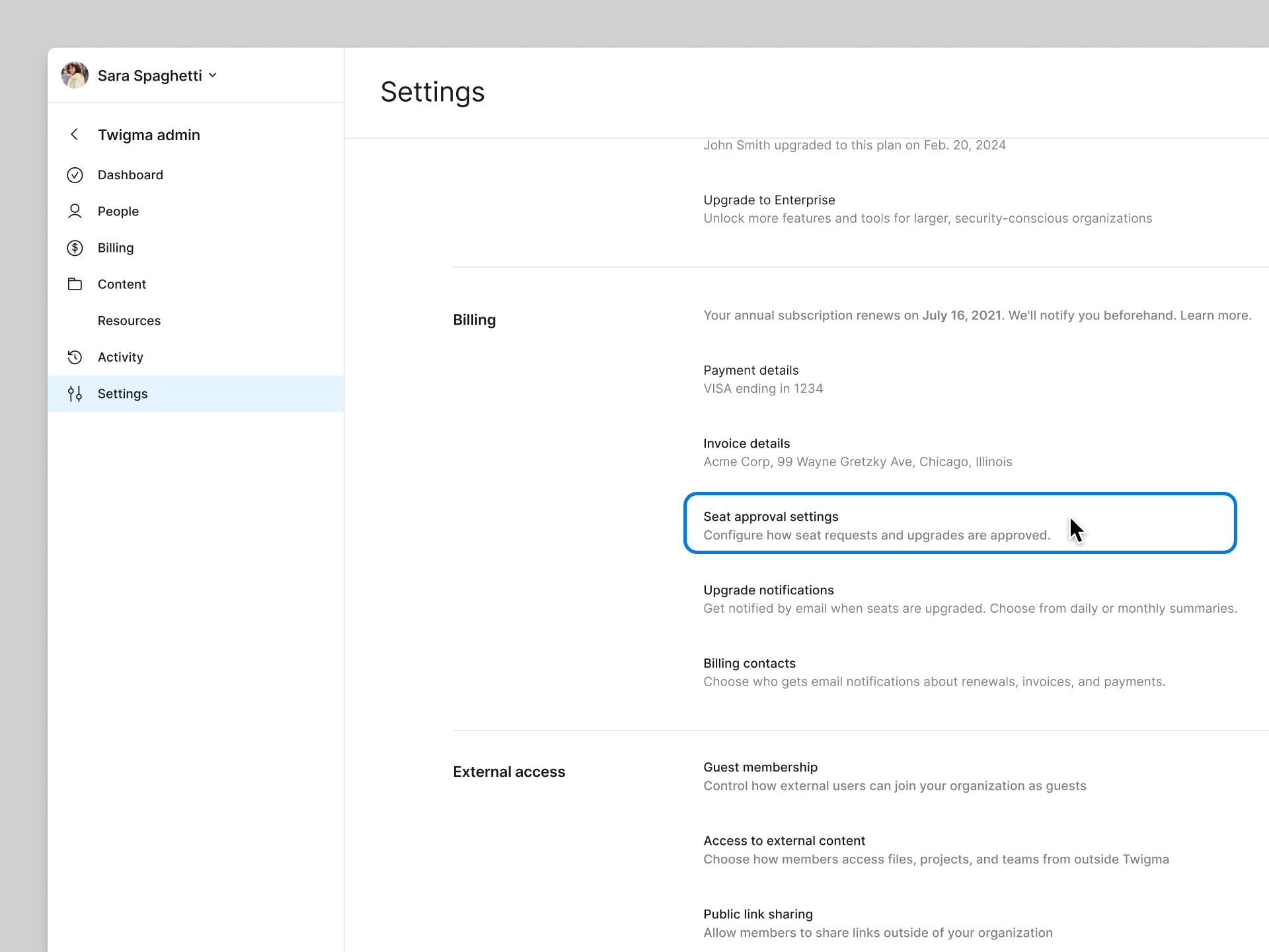 Find seat approval settings in the Settings tab of Admin.