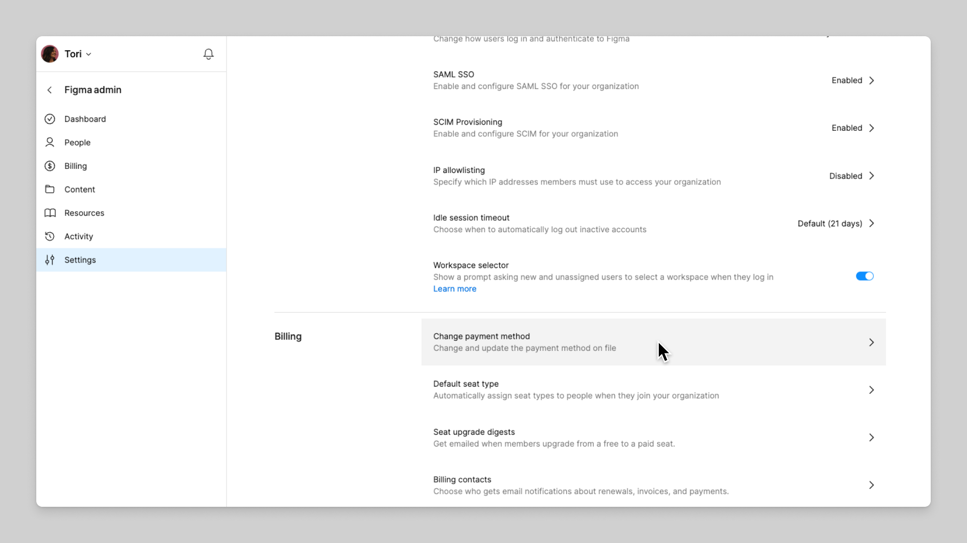 Edit or change payment method from the Settings tab of Figma admin.