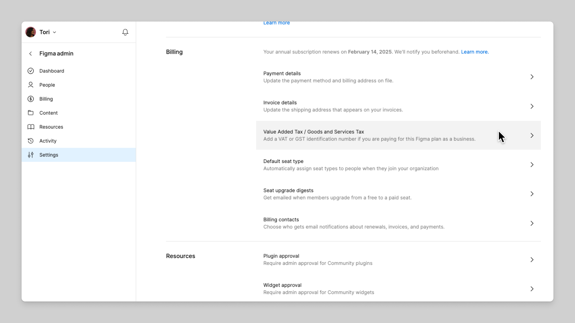 Add VAT or GST number from the Settings tab of Figma admin.