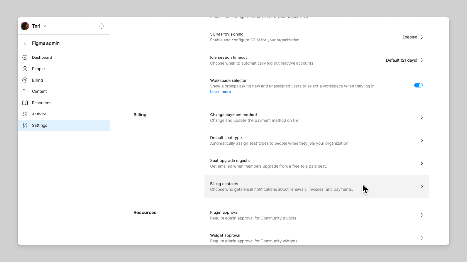 Adjust billing contacts from the Settings tab of Figma admin.